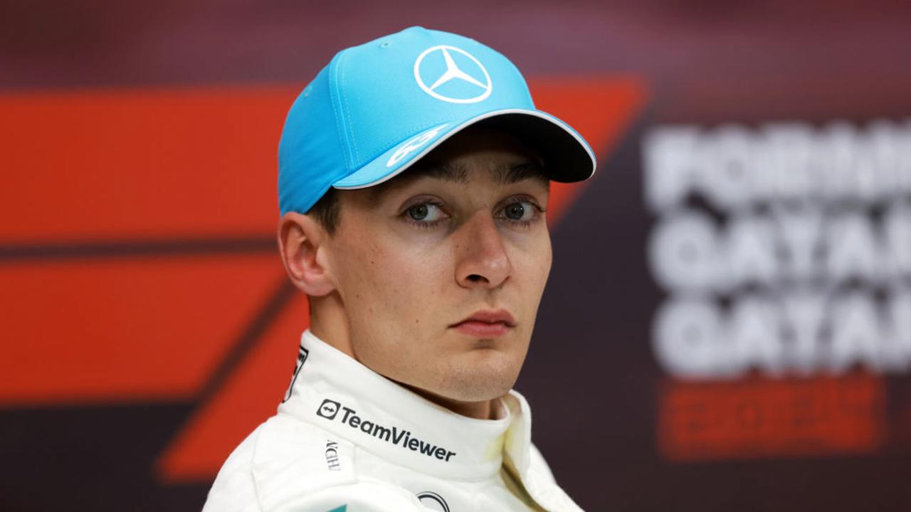 LUSAIL CITY, QATAR - NOVEMBER 30: Second placed qualifier George Russell of Great Britain and Mercedes attends the press conference after qualifying ahead of the F1 Grand Prix of Qatar at Lusail International Circuit on November 30, 2024 in Lusail City, Qatar. (Photo by Bryn Lennon/Getty Images)