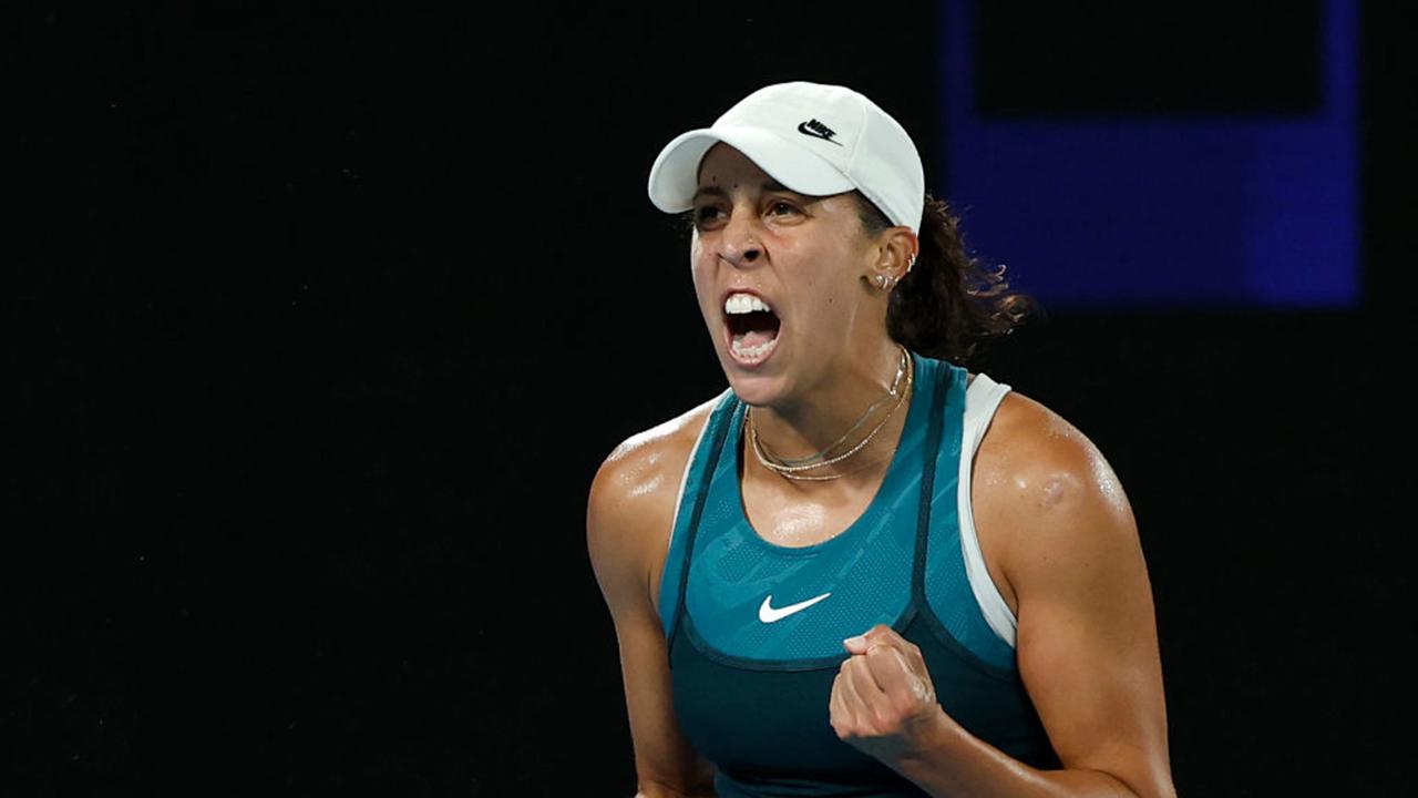 MELBOURNE, AUSTRALIA - JANUARY 25: Madison Keys of the United States celebrates a point against Aryna Sabalenka in the Women's Singles Final during day 14 of the 2025 Australian Open at Melbourne Park on January 25, 2025 in Melbourne, Australia. (Photo by Darrian Traynor/Getty Images)