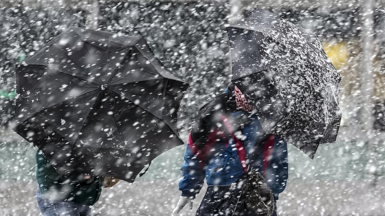 Chodci sa chránia dáždnikmi počas hustého sneženia v Kolíne vo štvrtok 9. januára 2025.