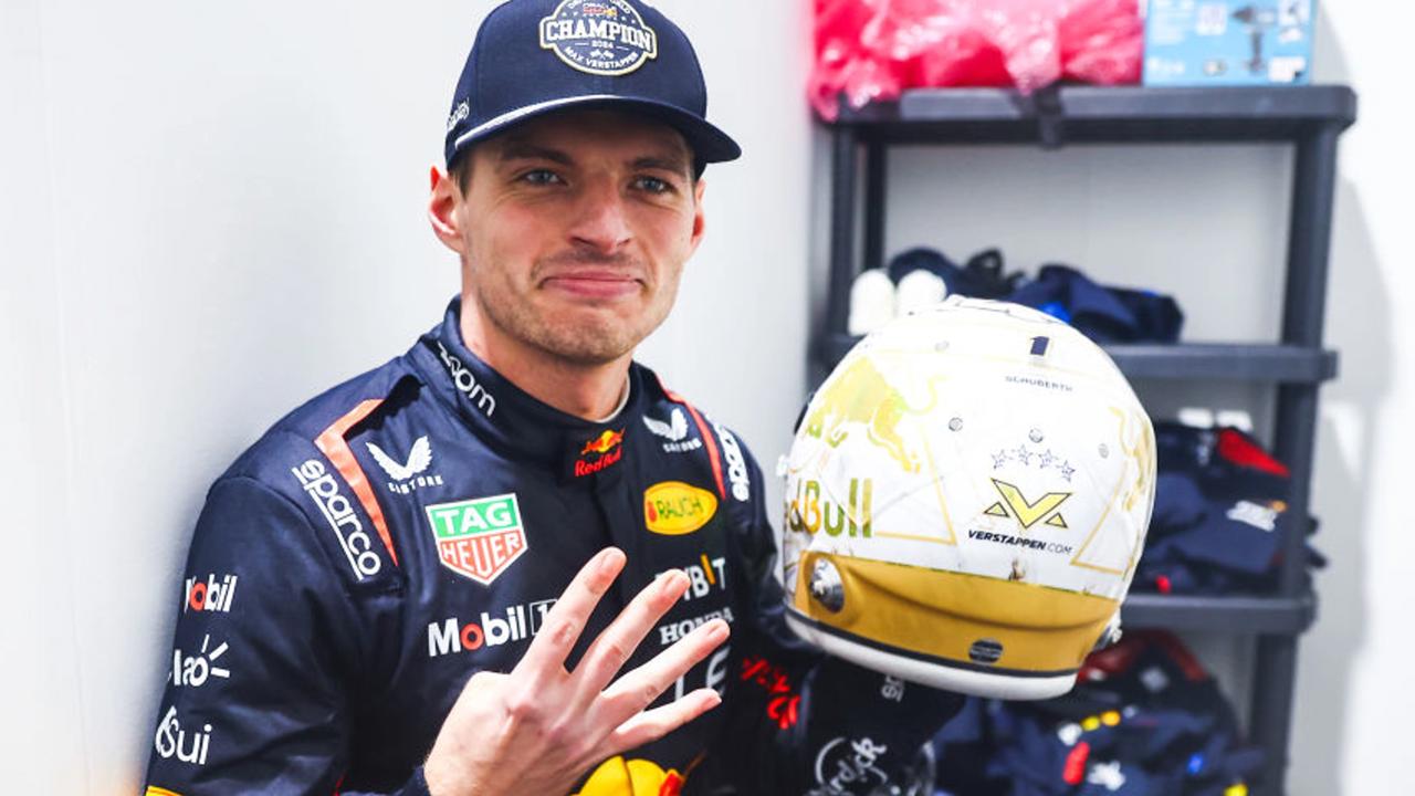 LAS VEGAS, NEVADA - NOVEMBER 23: 2024 F1 World Drivers Champion Max Verstappen of the Netherlands and Oracle Red Bull Racing celebrates after the F1 Grand Prix of Las Vegas at Las Vegas Strip Circuit on November 23, 2024 in Las Vegas, Nevada. (Photo by Mark Thompson/Getty Images)