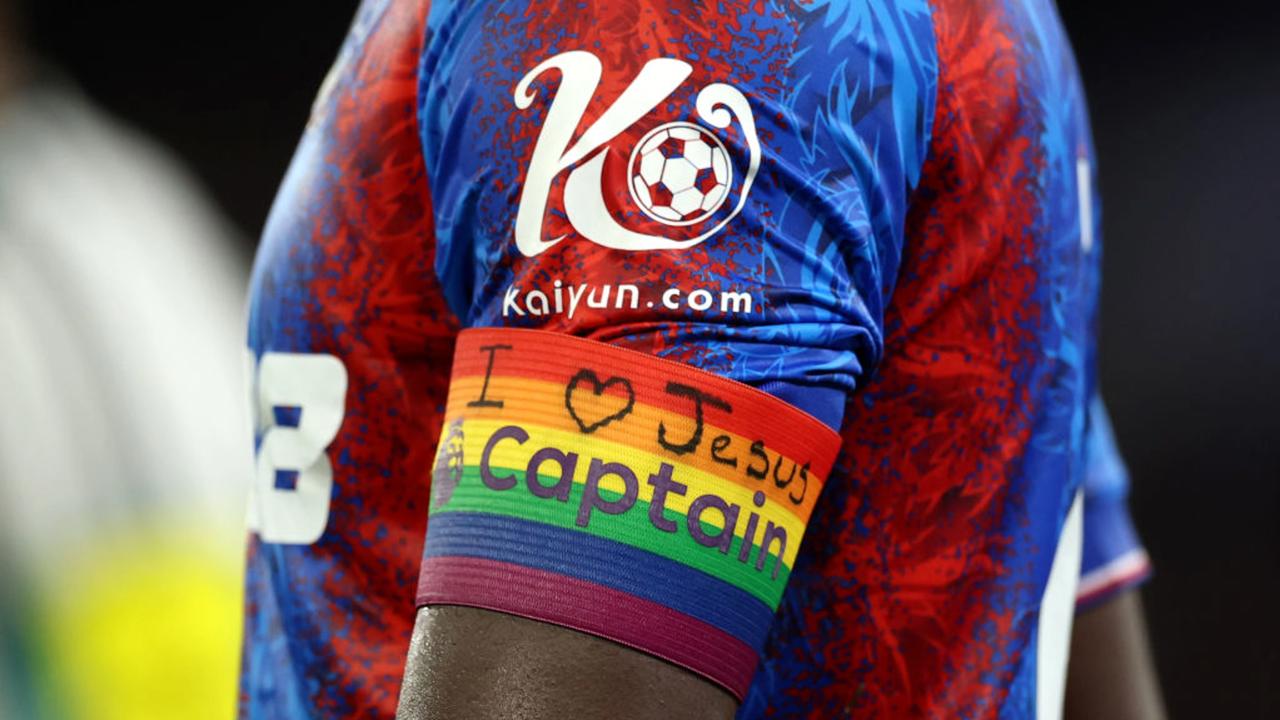 LONDON, ENGLAND - NOVEMBER 30: Marc Guehi of Crystal Palace wears the Rainbow Laces captains armband with the words 'I heart Jesus' written, seen during the Premier League match between Crystal Palace FC and Newcastle United FC at Selhurst Park on November 30, 2024 in London, England. (Photo by Richard Pelham/Getty Images)