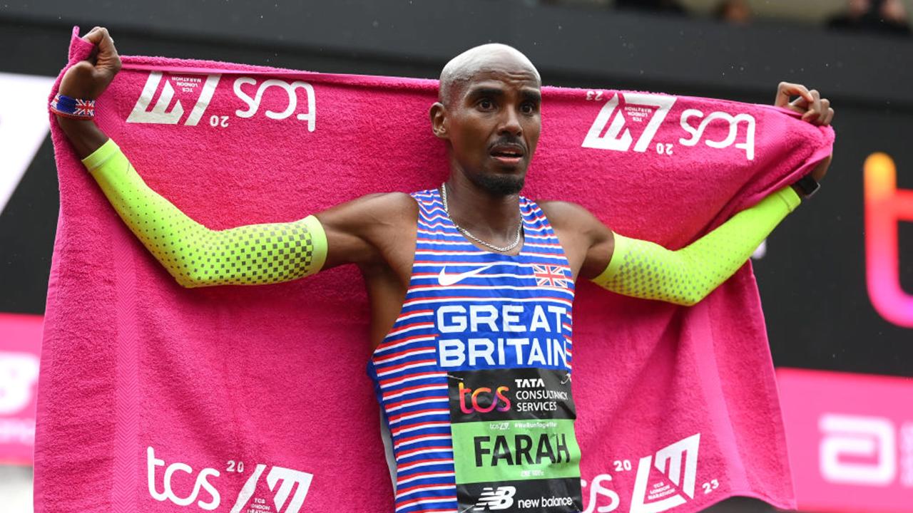 LONDON, ENGLAND - APRIL 23: Mo Farah of Great Britain celebrates after finishing the Elite Men's Marathon during the 2023 TCS London Marathon on April 23, 2023 in London, England. (Photo by Alex Davidson/Getty Images)