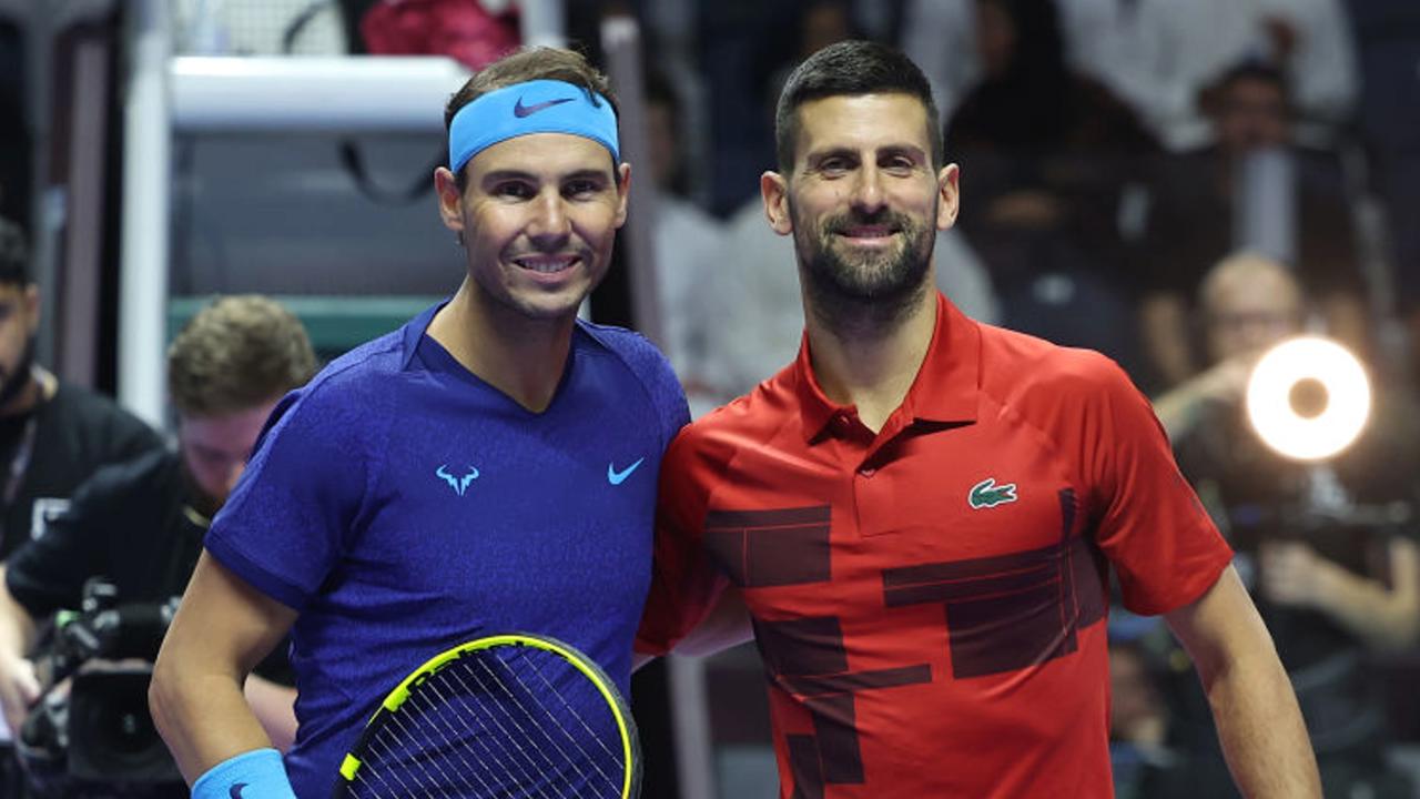 RIYADH, SAUDI ARABIA - OCTOBER 19: Rafael Nadal of Spain (left) and Novak Djokovic of Serbia, pose for a photo ahead of their Men's Singles Third Place Playoff match on day three of the Six Kings Slam 2024 at Kingdom Arena on October 19, 2024 in Riyadh, Saudi Arabia. (Photo by Richard Pelham/Getty Images)