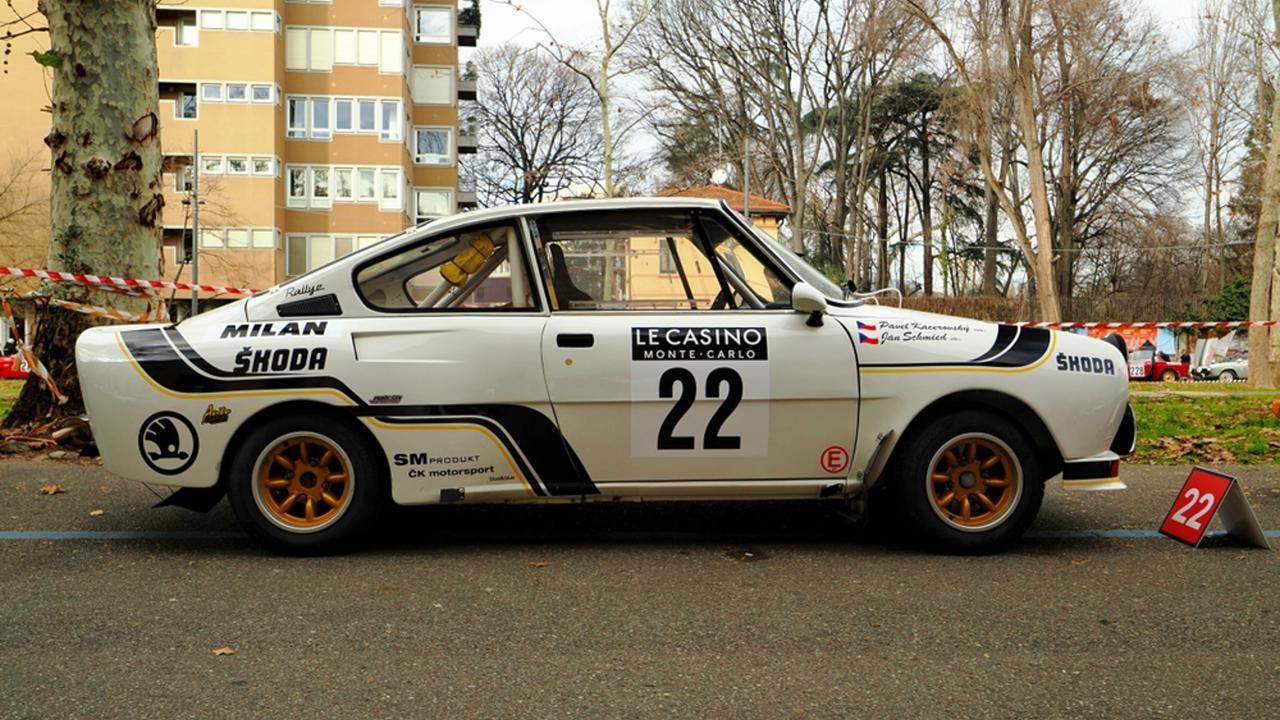 MILAN, ITALY, FEBRUARY 1, 2024. Classic Czechoslovakian car Skoda 130RS of 1976, during scrutineering before the start of the 26th Rallye Monte-Carlo Historique of 2024, at Milan, Italy.