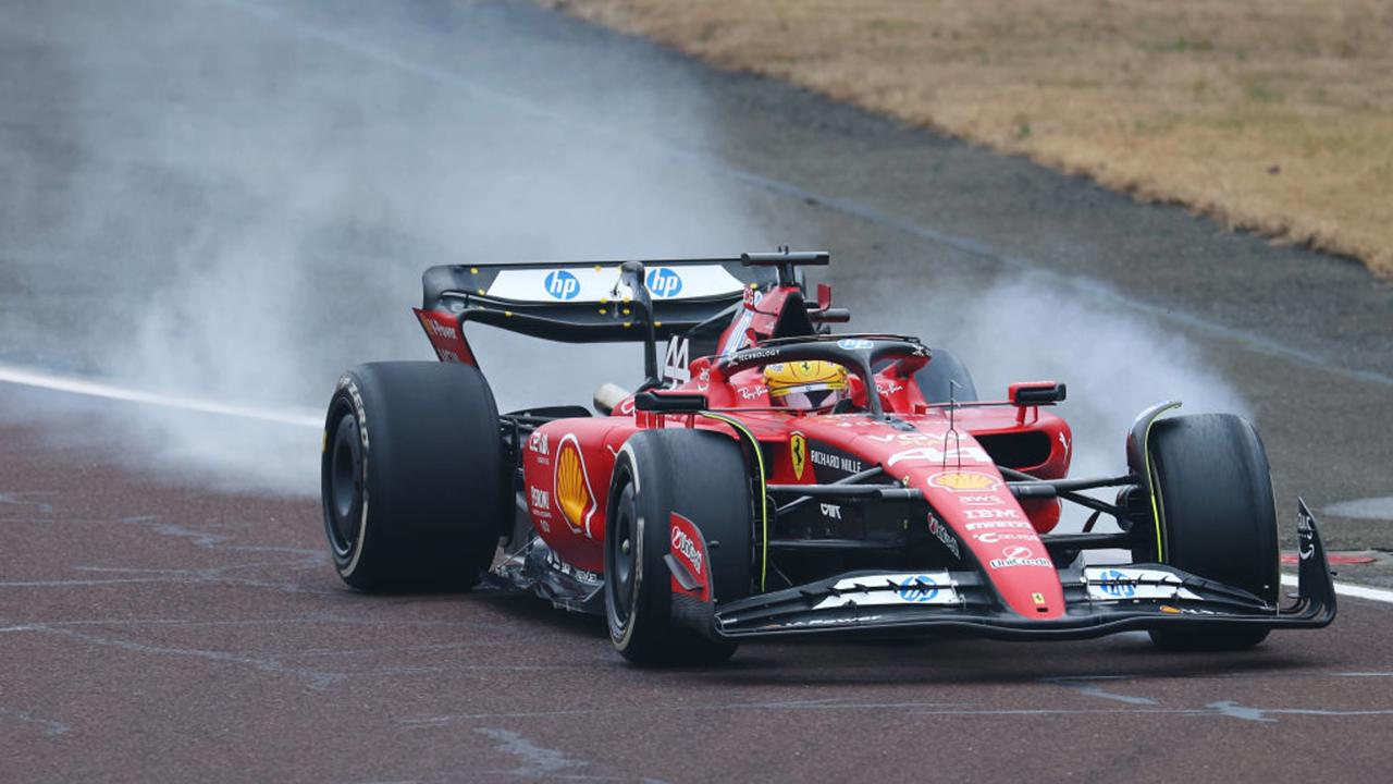 FIORANO MODENESE, ITALY - JANUARY 22: Lewis Hamilton of Great Britain driving the (44) Ferrari SF-23 locks a wheel under braking during his first official days as a Scuderia Ferrari F1 driver at Fiorano Circuit on January 22, 2025 in Fiorano Modenese, Italy. (Photo by Clive Rose/Getty Images)