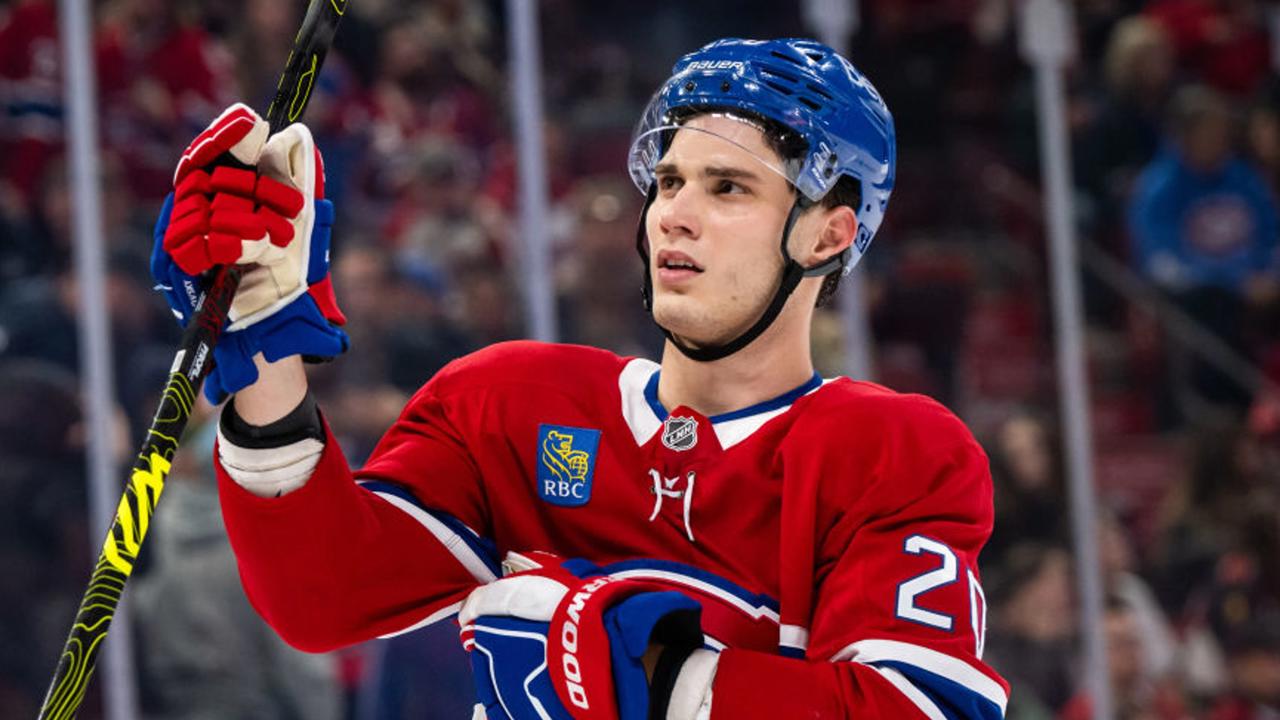 MONTREAL, QC - OCTOBER 12: Juraj Slafkovsky (20) of the Montreal Canadiens looks on during the first period of the NHL  game between the Ottawa Senators and the Montreal Canadiens on Oct 12, 2024, at the Bell Centre in Montreal, QC(Photo by Vincent Ethier/Icon Sportswire via Getty Images)