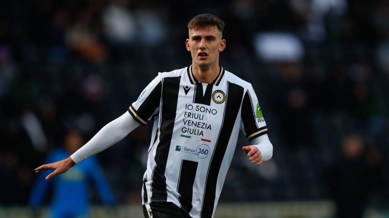 UDINE, ITALY - FEBRUARY 16: Lorenzo Lucca of Udinese during the Serie A match between Udinese and Empoli at Stadio Friuli on February 16, 2025 in Udine, Italy. (Photo by Timothy Rogers/Getty Images)