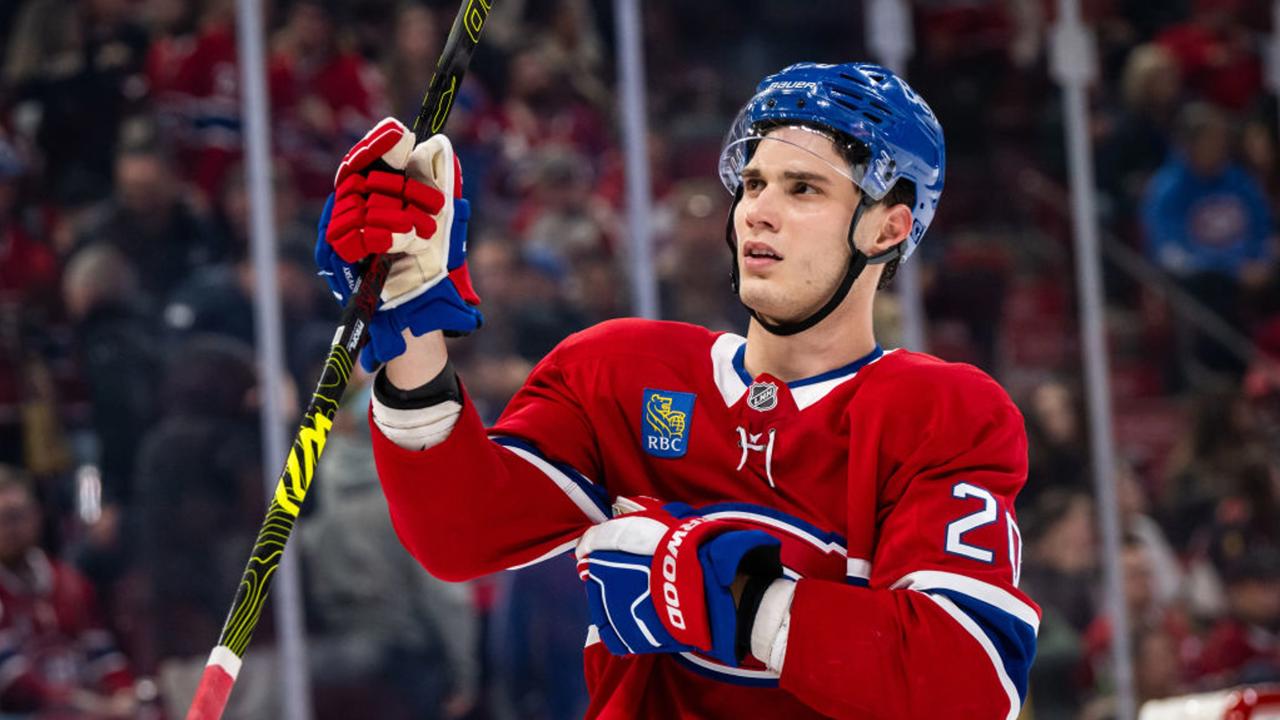 MONTREAL, QC - OCTOBER 12: Juraj Slafkovsky (20) of the Montreal Canadiens looks on during the first period of the NHL  game between the Ottawa Senators and the Montreal Canadiens on Oct 12, 2024, at the Bell Centre in Montreal, QC(Photo by Vincent Ethier/Icon Sportswire via Getty Images)