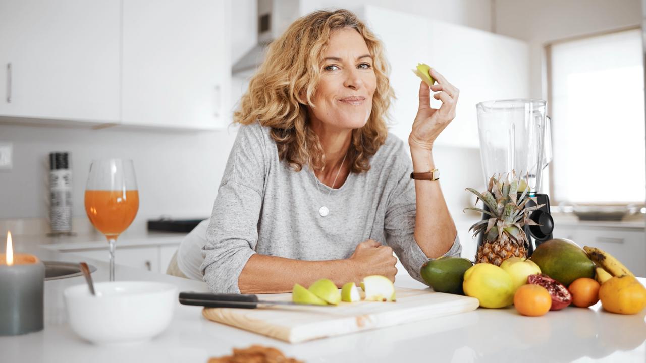 Portrait,,Fruit,Salad,And,Apple,With,A,Senior,Woman,In