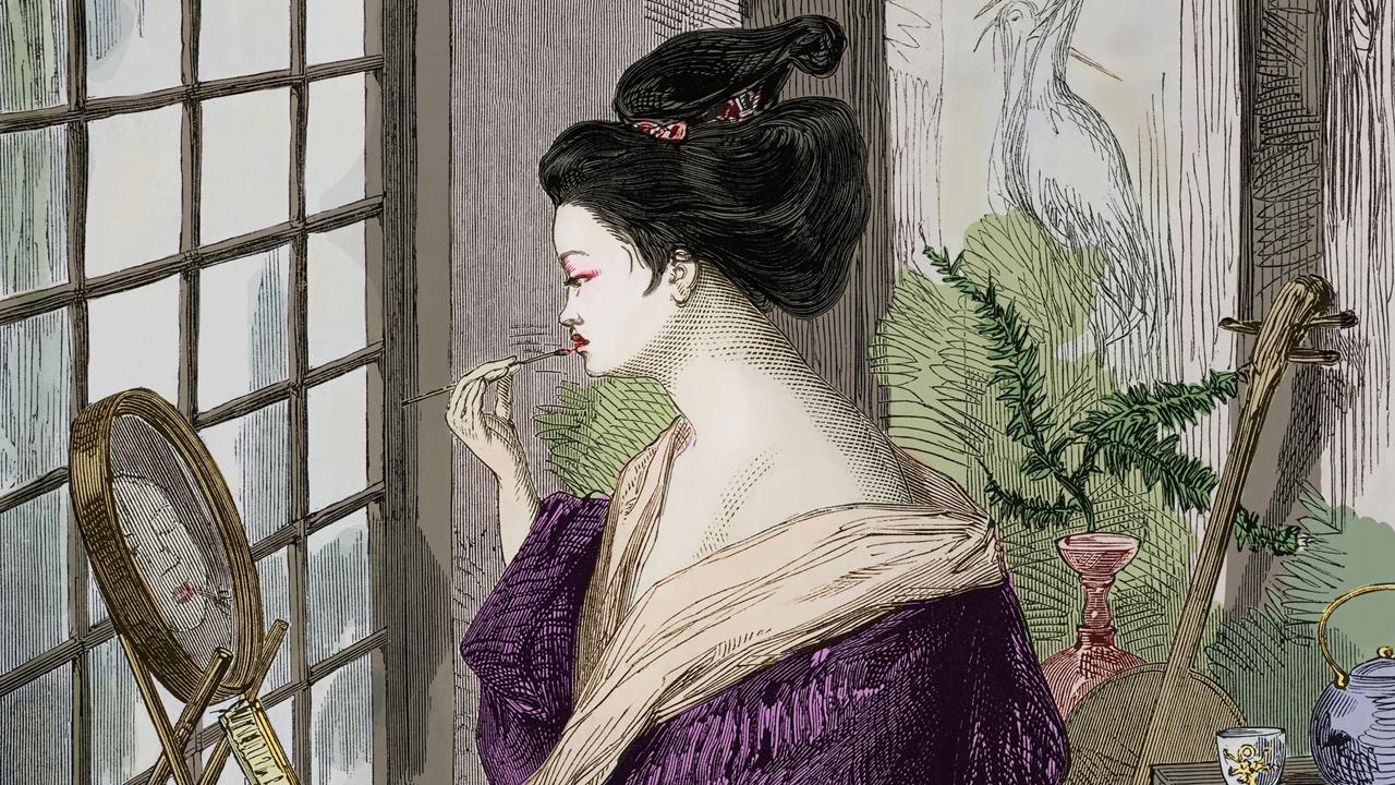 Japonské dievča si maľuje pery, ilustrácia z európskeho časopisu z roku 1864.