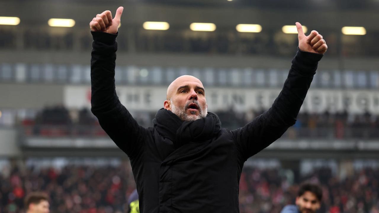 LONDON, ENGLAND - FEBRUARY 08: Pep Guardiola, Manager of Manchester City, gives a thumbs up as he celebrates victory following the Emirates FA Cup Fourth Round match between Leyton Orient and Manchester City at Gaughan Group Stadium on February 08, 2025 in London, England. (Photo by Richard Pelham/Getty Images)