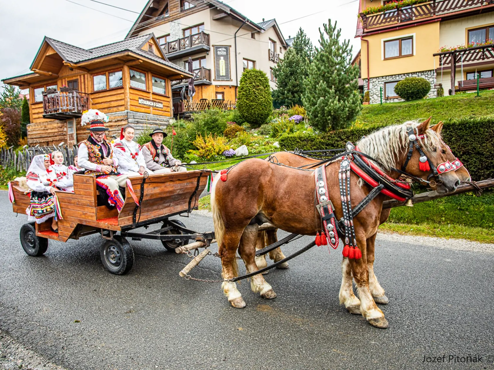 V minulosti chodila družina do kostola pešo teraz, keďže sa Ždiar rozrástol vezú sa niektorí na voze. Kone sú patrične vyparádené.