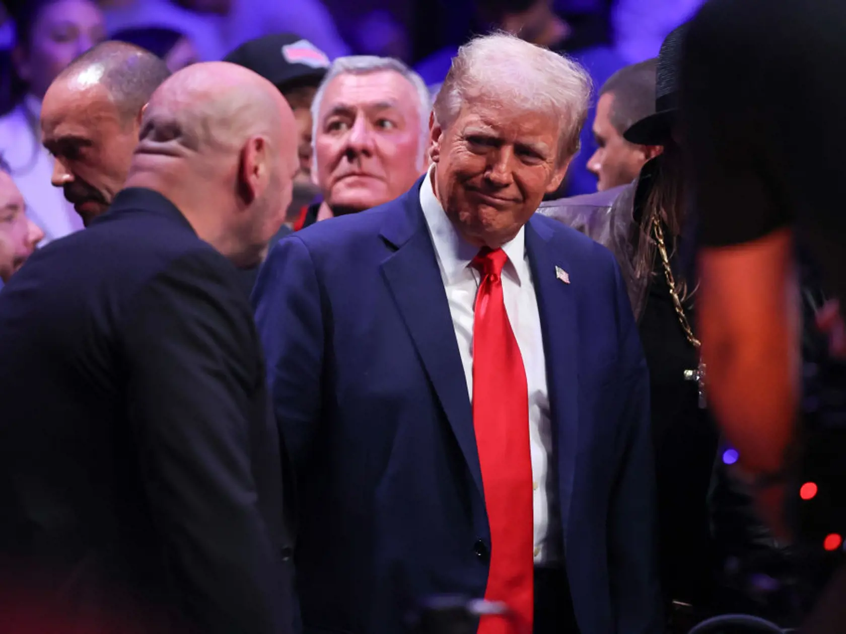 NEW YORK, NEW YORK - NOVEMBER 16: President-elect Donald Trump talks with Joe Rogan during the UFC 309 event at Madison Square Garden on November 16, 2024 in New York City. (Photo by Sarah Stier/Getty Images)
