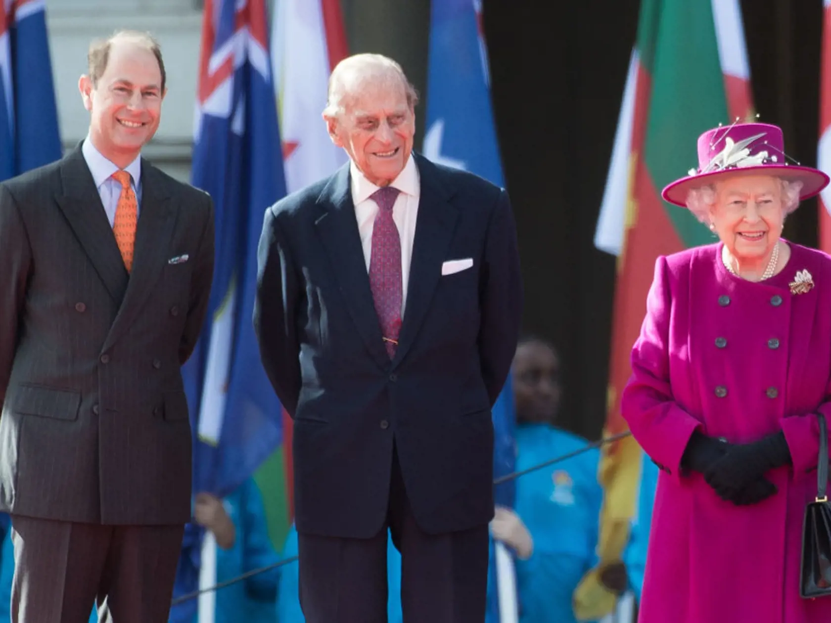 LONDON, ENGLAND - MARCH 13:  Queen Elizabeth II, Prince Philip, Duke of Edinburgh and Prince Edward, Earl of Wessex attend the launch of The Queen's Baton Relay for the XXI Commonwealth Games being held on the Gold Coast in 2018 at Buckingham Palace on March 13, 2017 in London, England.  (Photo by Samir Hussein/Samir Hussein/WireImage)