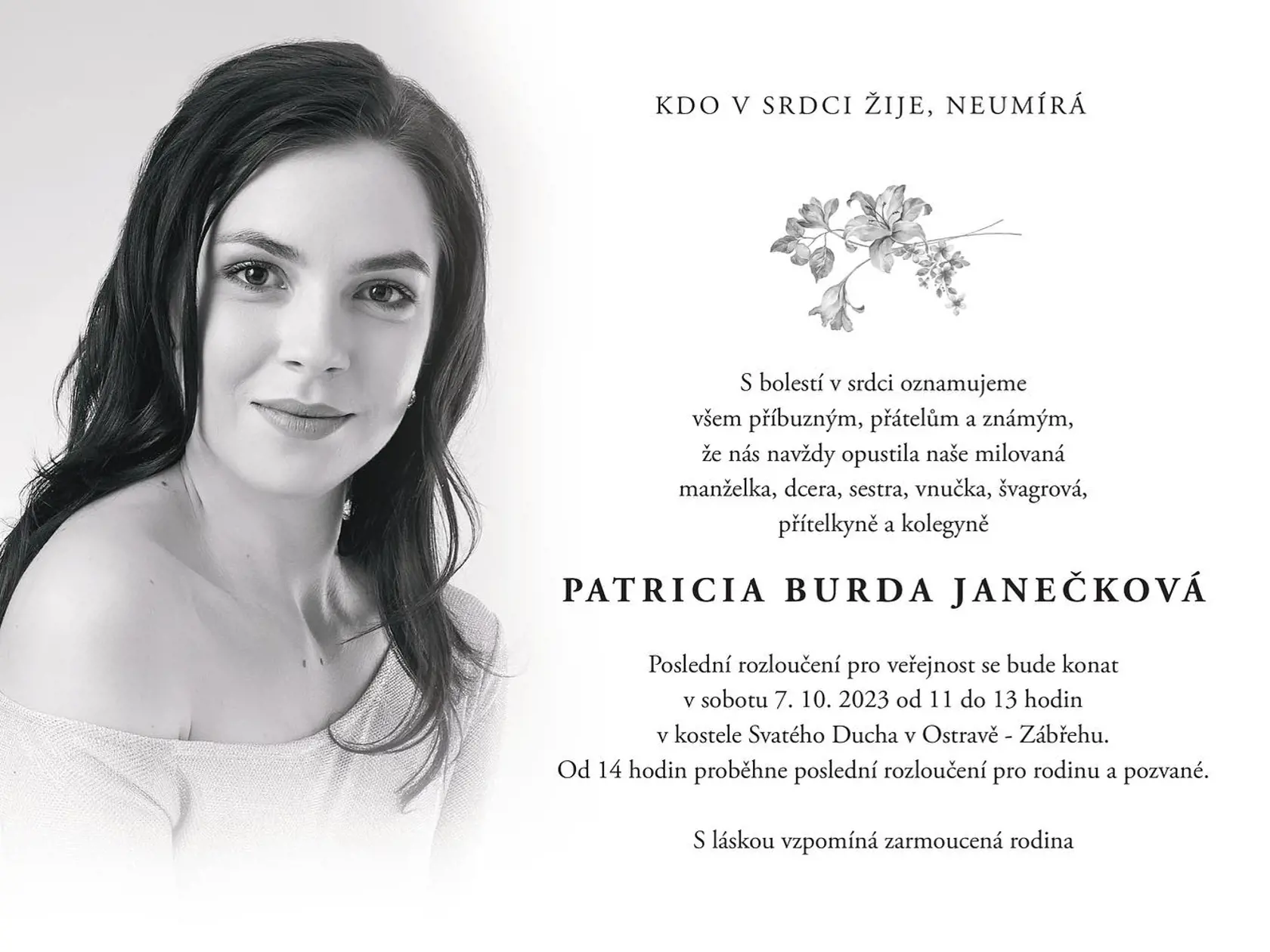 Manžel Patrície Janečkovej zverejnil parte. Speváčku, ktorá podľahla rakovine, pochovajú v sobotu 7. októbra.
