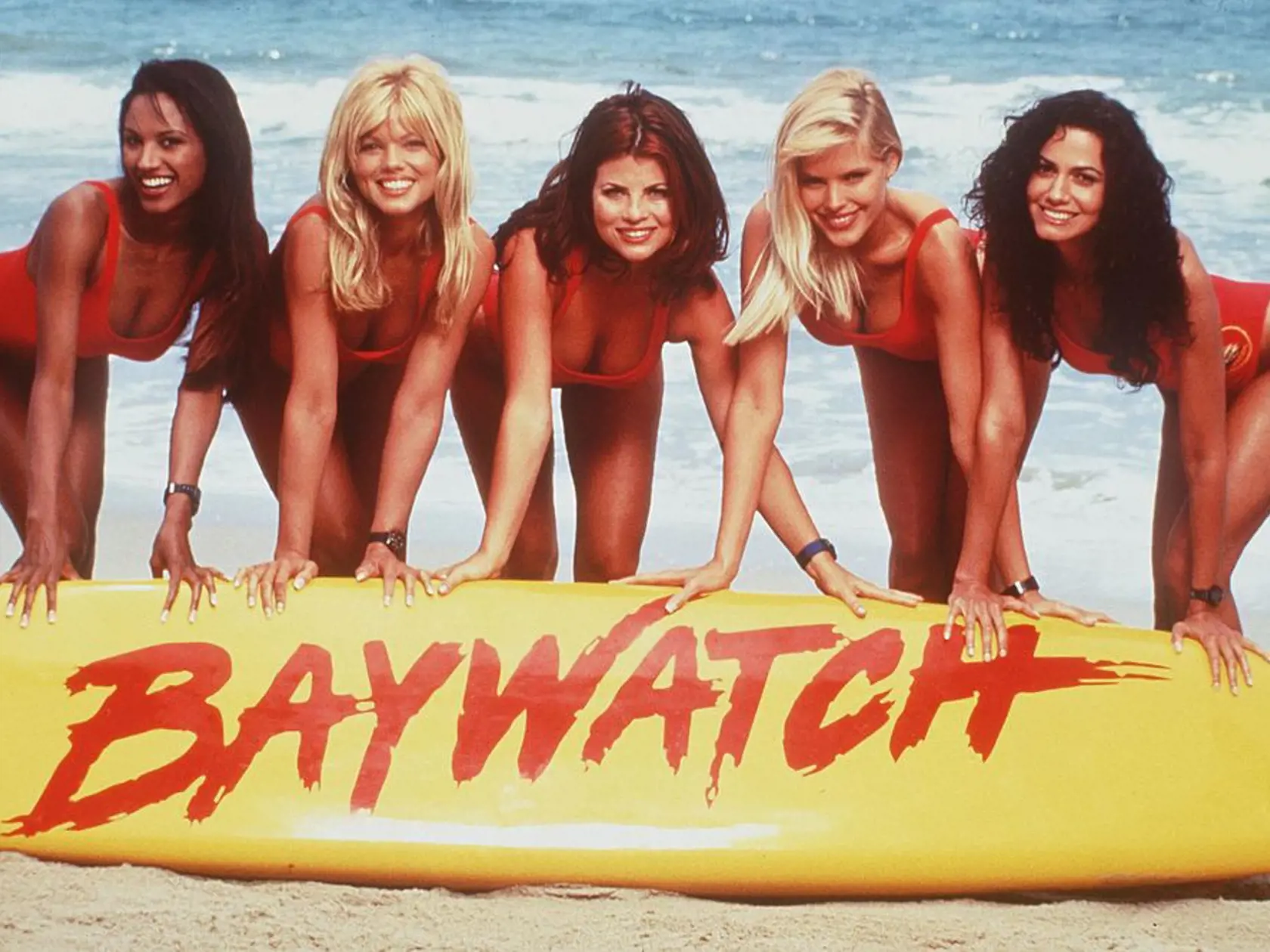 1996 The Girls Of "Baywatch." From L-R: Traci Bingham, Donna D'Errico, Yasmine Bleeth, Gena Lee Nolin And Nancy Valen. Baywatch (Photo By Getty Images)