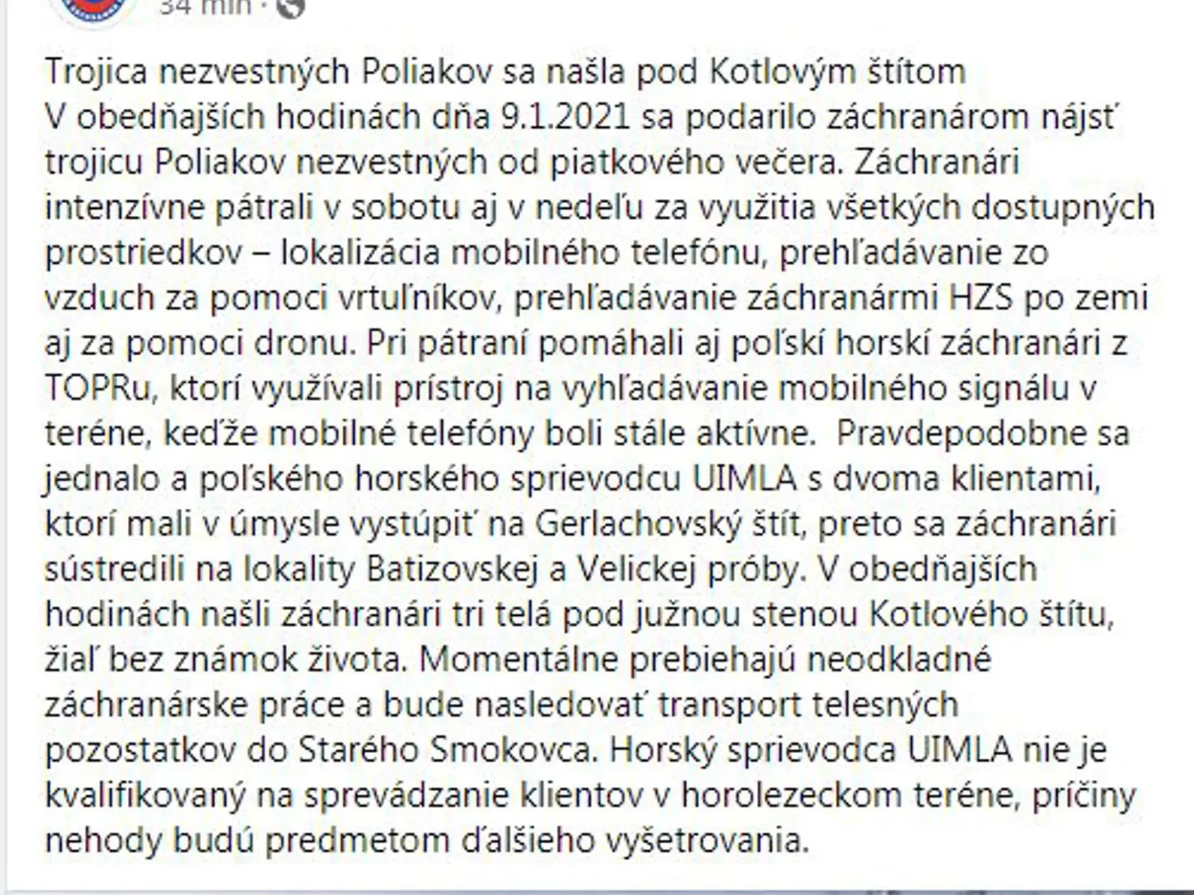 O tragickej smrti poľských turistov informovali na sociálnej sieti horskí záchranári.