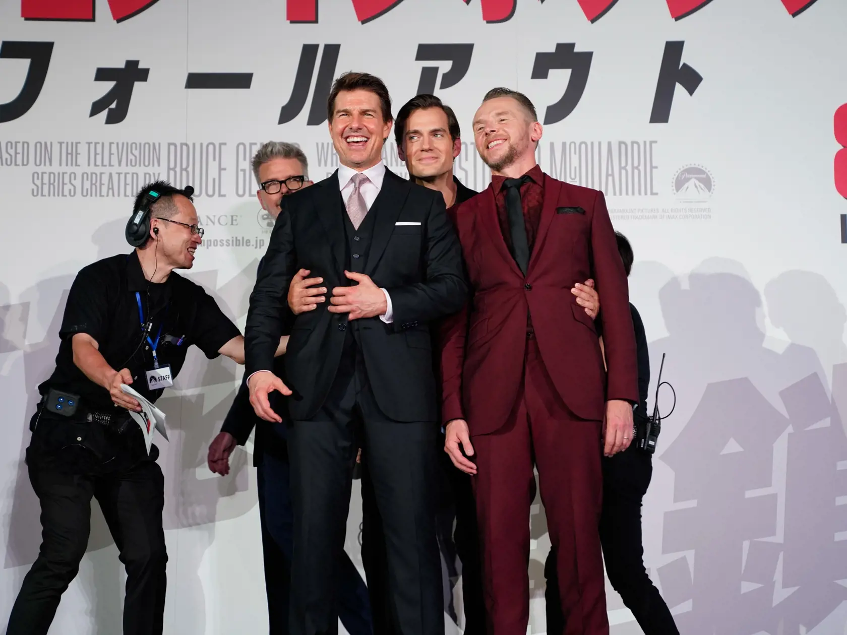 TOKYO, JAPAN - JULY 18:  (LR) Christopher McQuarrie, Tom Cruise, Henry Cavill and Simon Pegg attend the 'Mission: Impossible - Fallout' Premiere at TOHO Cinemas Hibiya on July 18, 2018 in Tokyo, .  (Photo by Christopher Jue/Getty Images for Paramount Pictures)