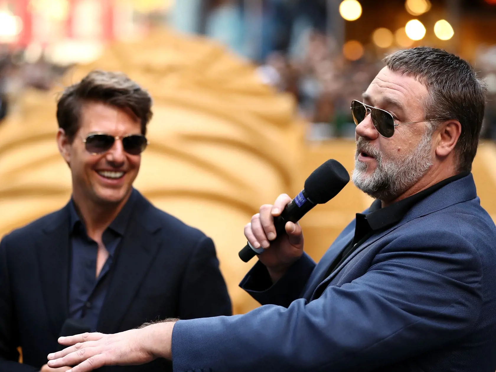 SYDNEY, AUSTRALIA - MAY 23:  Tom Cruise and Russell Crowe answer questions during a photo call for The Mummy at World Square on May 23, 2017 in Sydney, Australia.  (Photo by Ryan Pierse/Getty Images)