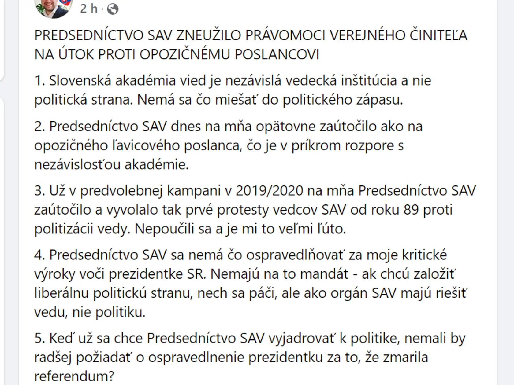Poslanec Blaha reaguje na status SAV.