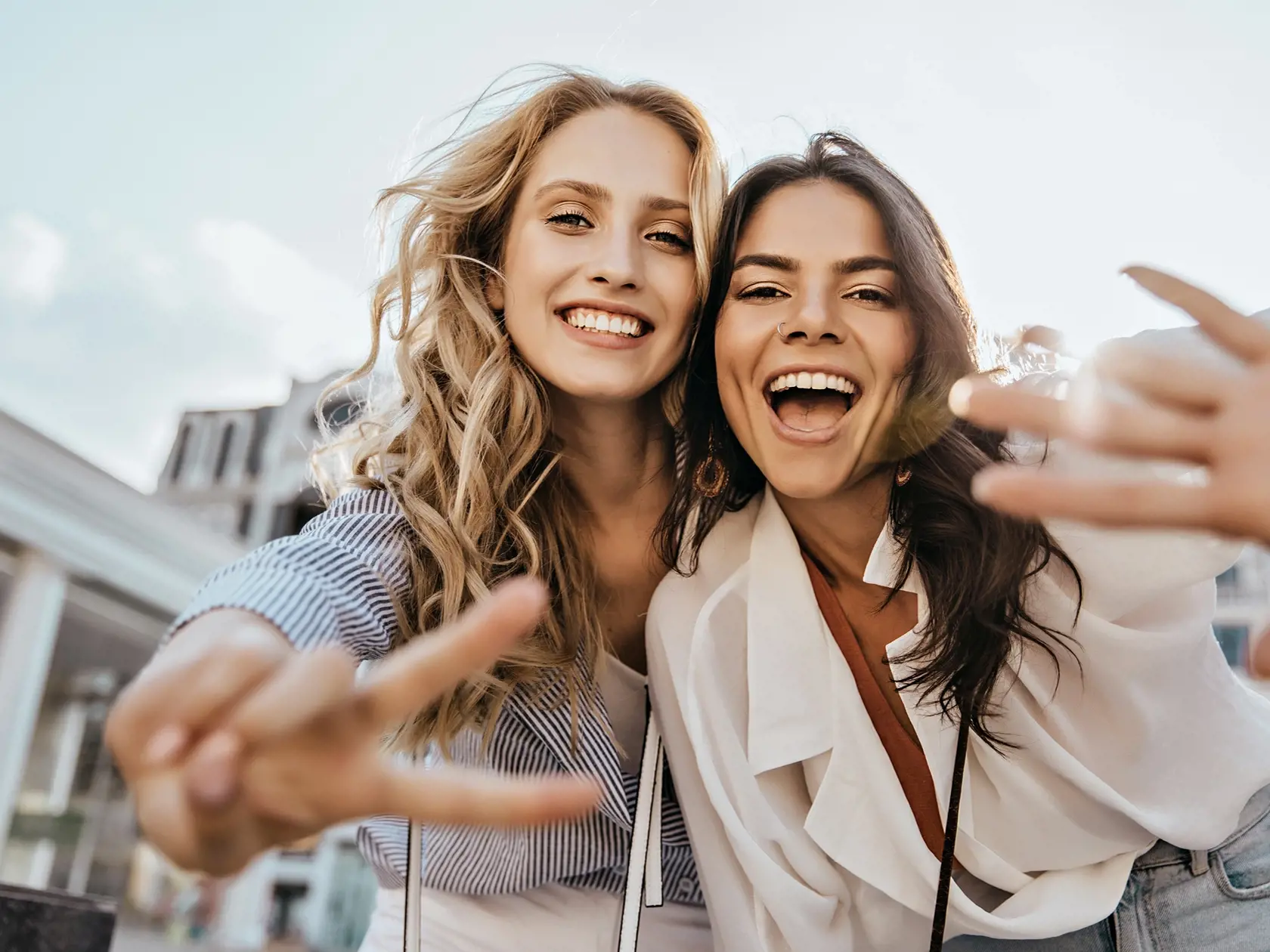 Lovable,Caucasian,Girls,Expressing,Positive,Emotions,To,Camera.,Outdoor,Photo