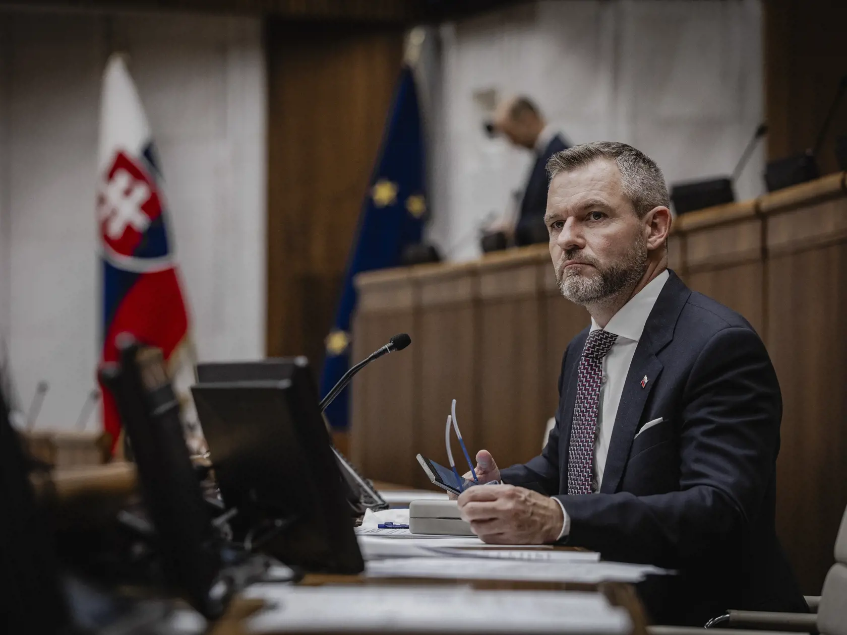 Prvý deň predsedu strany HLAS-SD Petra Pellegriniho v Národnej rade Slovenskej republiky po predčasných parlamentných voľbách 2023. Na snímke počas vedenia ustanovujúcej schôdze vo funkcii Predsedu NRSR.