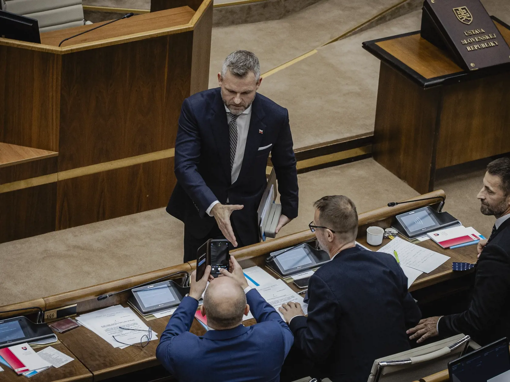 Prvý deň predsedu strany HLAS-SD Petra Pellegriniho v Národnej rade Slovenskej republiky po predčasných parlamentných voľbách 2023. Na snímke počas počas prejavu po zvolení za Predsedu NRSR.