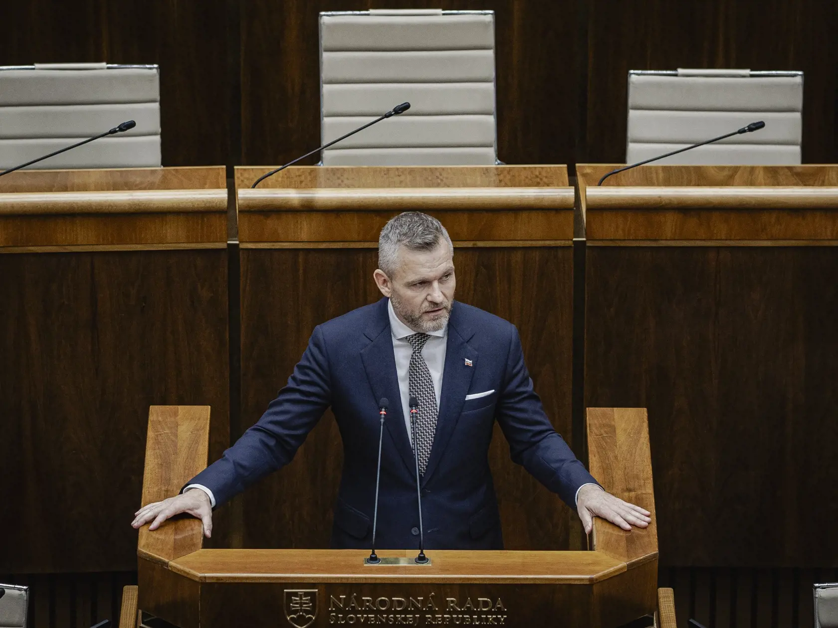 Prvý deň predsedu strany HLAS-SD Petra Pellegriniho v Národnej rade Slovenskej republiky po predčasných parlamentných voľbách 2023. Na snímke počas počas prejavu po zvolení za Predsedu NRSR.