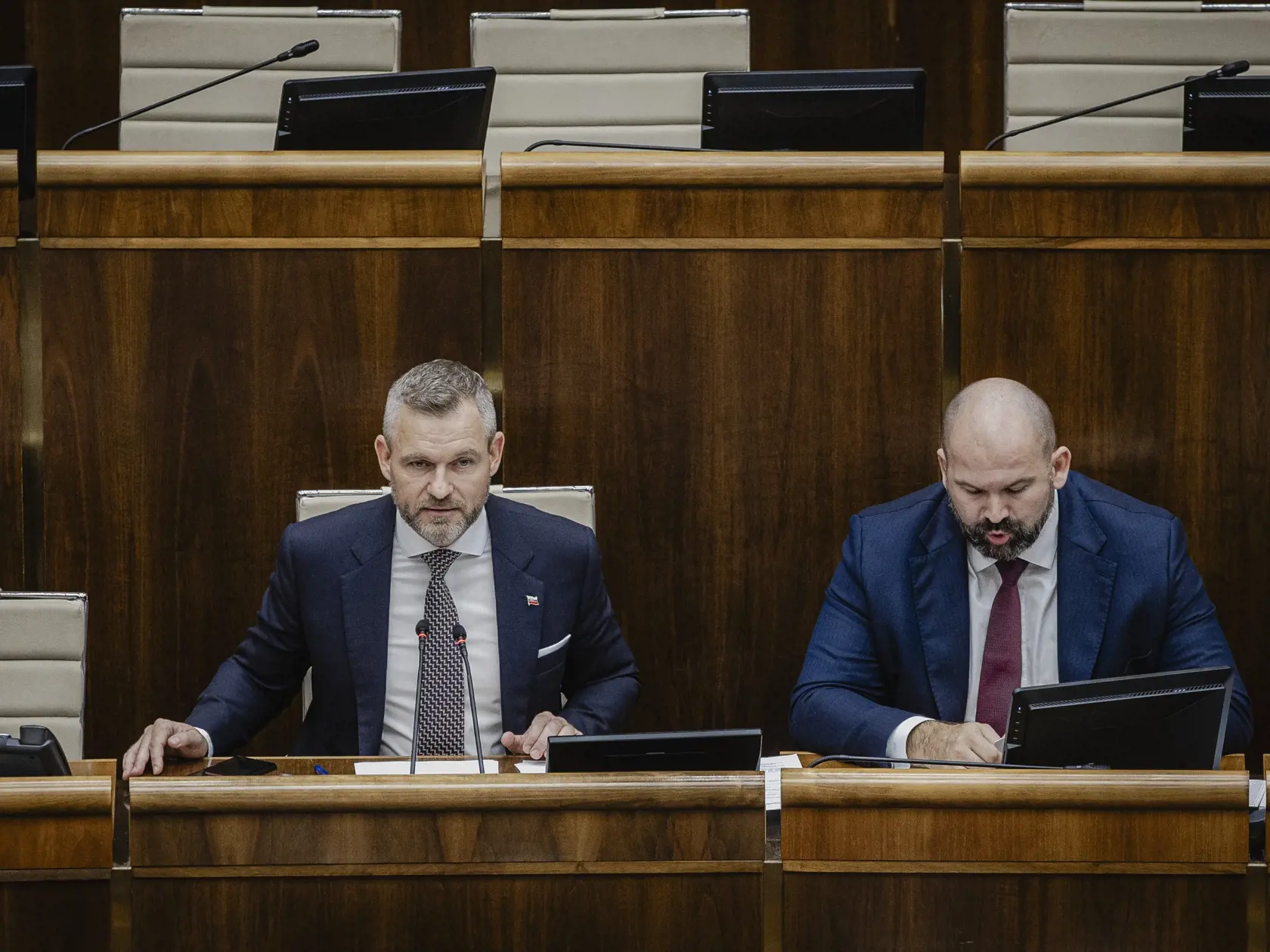 Prvý deň predsedu strany HLAS-SD Petra Pellegriniho v Národnej rade Slovenskej republiky po predčasných parlamentných voľbách 2023. Na snímke počas počas prejavu po zvolení za Predsedu NRSR.