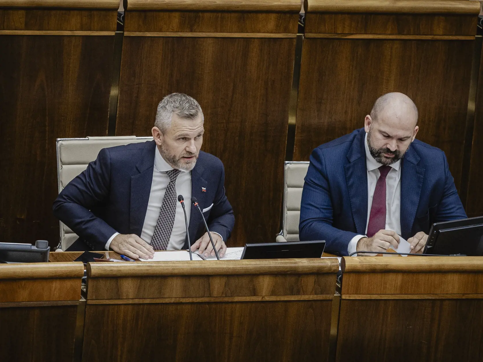 Prvý deň predsedu strany HLAS-SD Petra Pellegriniho v Národnej rade Slovenskej republiky po predčasných parlamentných voľbách 2023. Na snímke počas počas prejavu po zvolení za Predsedu NRSR.