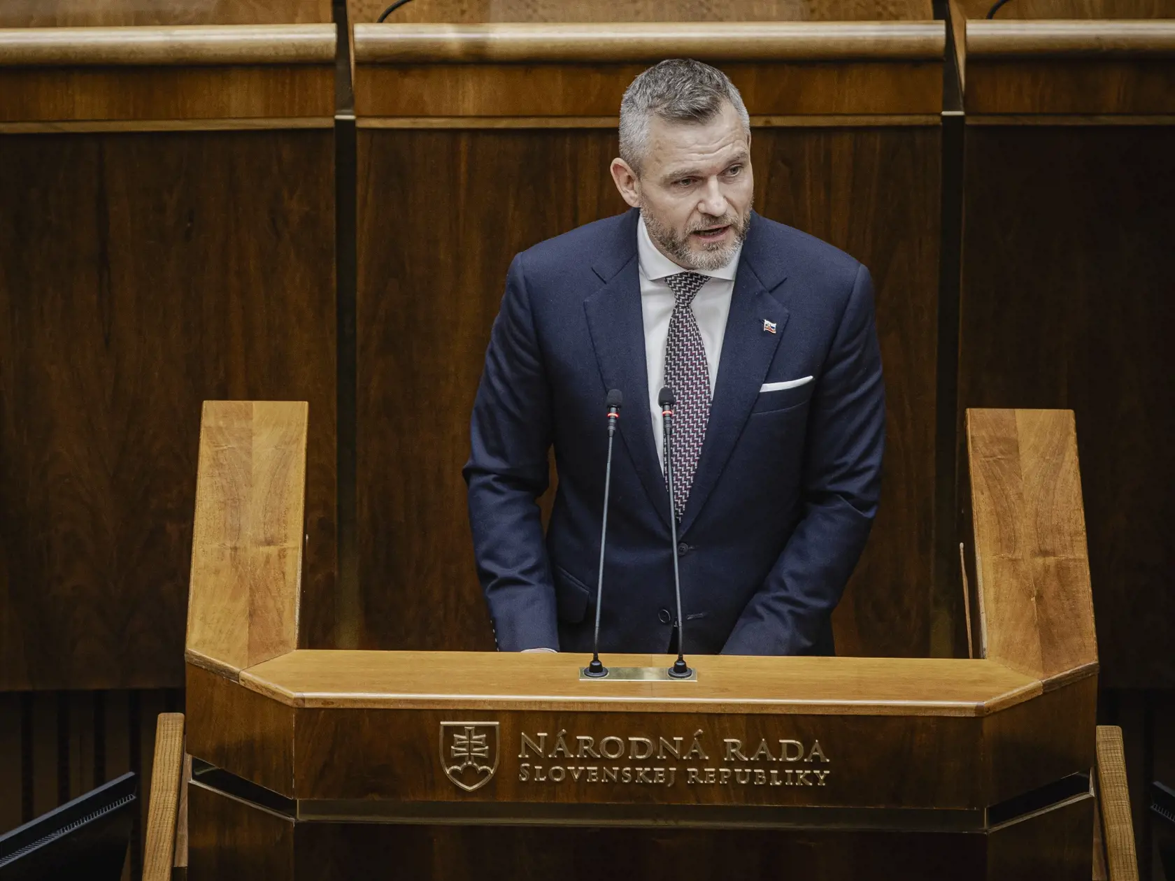 Prvý deň predsedu strany HLAS-SD Petra Pellegriniho v Národnej rade Slovenskej republiky po predčasných parlamentných voľbách 2023. Na snímke počas počas prejavu po zvolení za Predsedu NRSR.