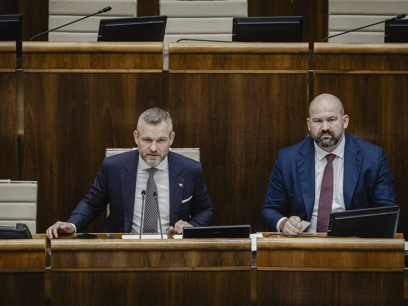 Prvý deň predsedu strany HLAS-SD Petra Pellegriniho v Národnej rade Slovenskej republiky po predčasných parlamentných voľbách 2023. Na snímke počas počas prejavu po zvolení za Predsedu NRSR.