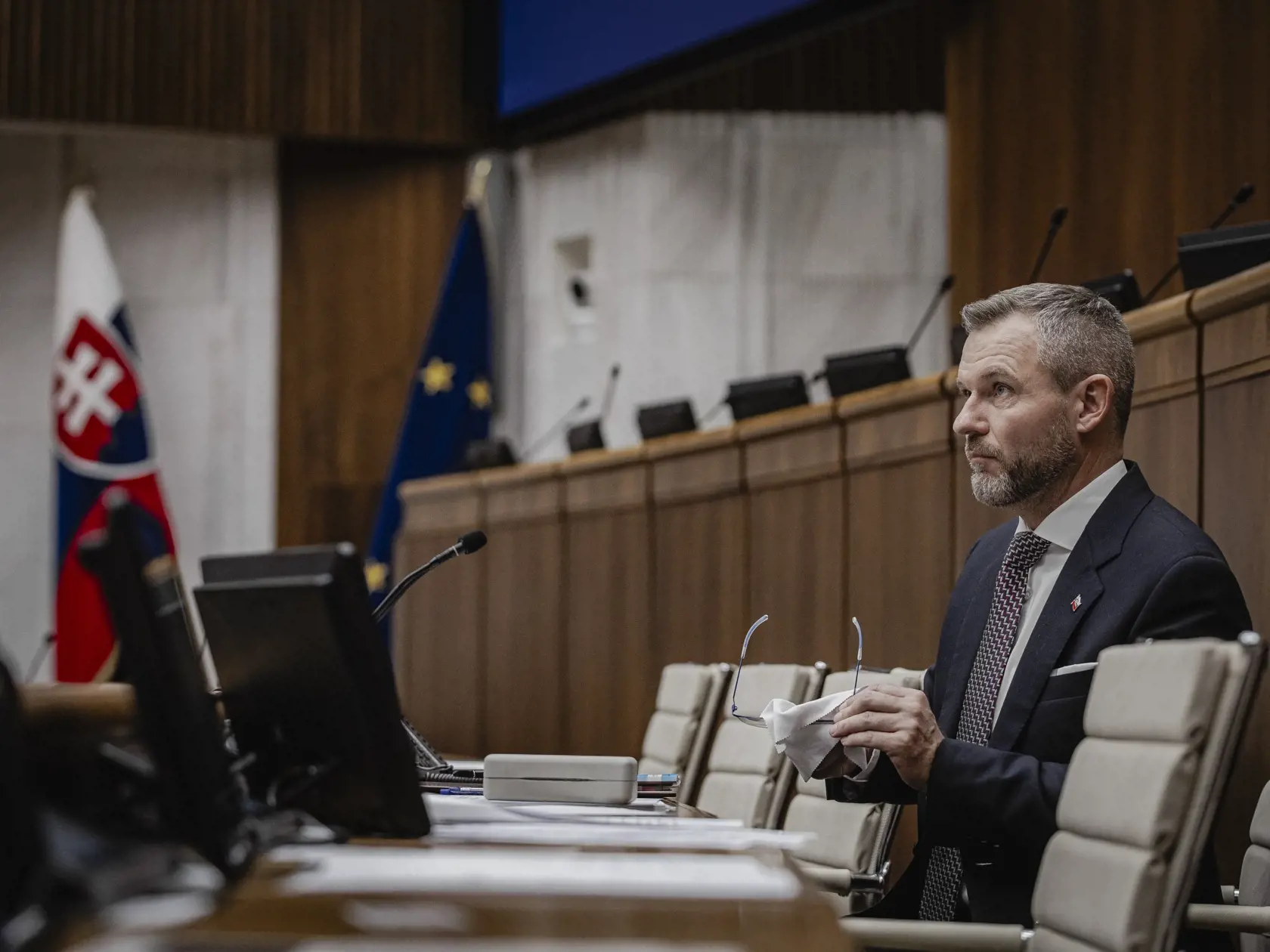 Prvý deň predsedu strany HLAS-SD Petra Pellegriniho v Národnej rade Slovenskej republiky po predčasných parlamentných voľbách 2023. Na snímke počas vedenia ustanovujúcej schôdze vo funkcii predsedu NR SR.