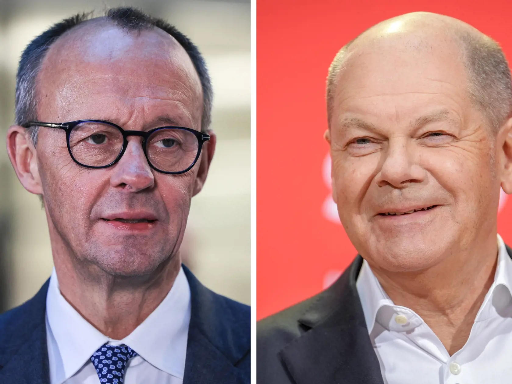 Na kombosnímke zo 6. februára 2025 portréty dvoch top kandidátov na nemeckého kancelára vpravo sociálnych demokratov (SPD) s kancelárom Olafom Scholzom a vľavo kresťanských demokratov (CDU) s Friedrichom Merzom v Berlíne pred predčasnými parlamentnými voľbami v Nemecku, ktoré sa budú konať v nedeľu 23. februára.