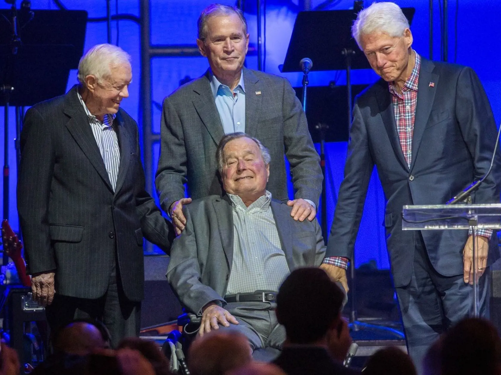 (FILES) This file photo taken on October 21, 2017 shows (L-R) Former US Presidents, Jimmy Carter, George H. W. Bush, George W. Bush, and Bill Clinton attending the Hurricane Relief concert in College Station, Texas. "Former US President George HW Bush has issued an apology to an actress who accused him of groping her from his wheelchair while attending a screening, according to reports.
Heather Lind, 34, said the incident occurred four years ago at an event to promote the TV series "Turn: Washington's Spies," according to the Daily Mail, which saved a screenshot of a lengthy Instagram post she wrote and later deleted.It is the latest in an outpouring of sexual harassment allegations against powerful male figures in entertainment, fashion and finance that followed the downfall of movie mogul Harvey Weinstein, who stands accused of assaulting and raping actresses., Image: 353835530, License: Rights-managed, Restrictions: , Model Release: no, Credit line: Profimedia, AFP
