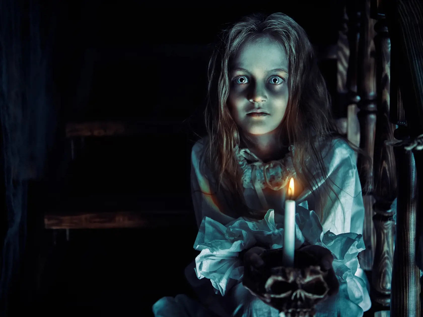 Halloween.,A,Ghost,Girl,In,A,Nightgown,Wanders,Through,The