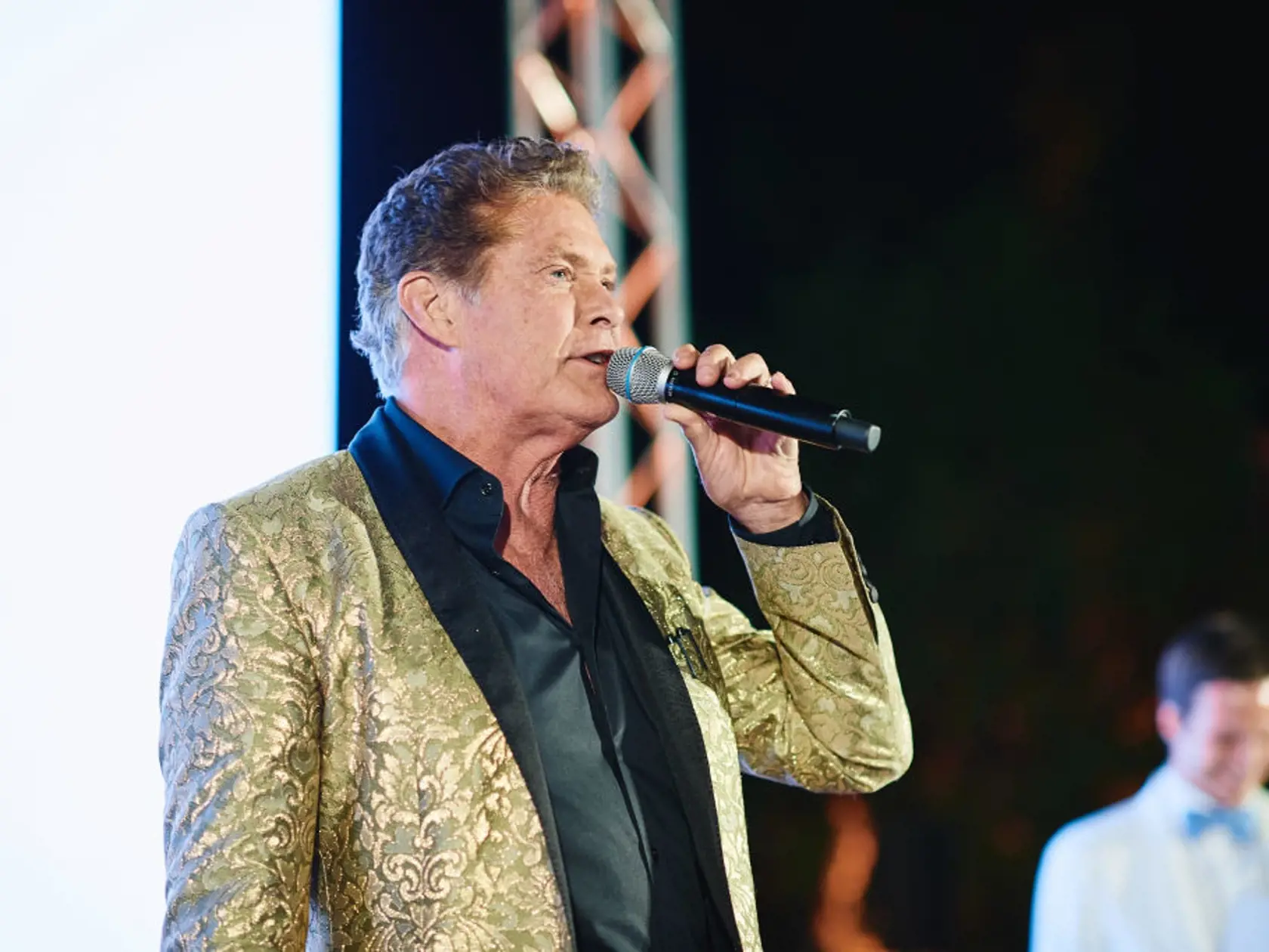 MONTE CARLO - MONACO - JUNE 12: TV superstar David Hasselhoff "the Hoff" speaks during the Gumball 3000 Foundation dinner on June 12, 2019 in Monte Carlo, Monaco. Carrera Eyewear is official partner of the 21st edition of Gumball 3000 2019. (Photo by Guido De Bortoli/Getty Images for SAFILO)
