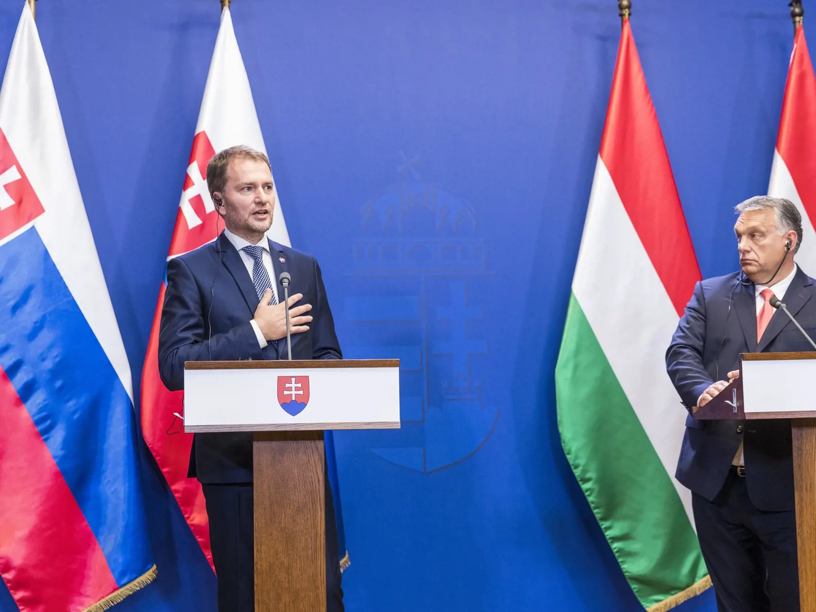 na snimke  - Viktor Orbán predseda vlády Maďarska a Igor Matovič predseda vlady SR  na stretnutí v BUDAPEŠŤI