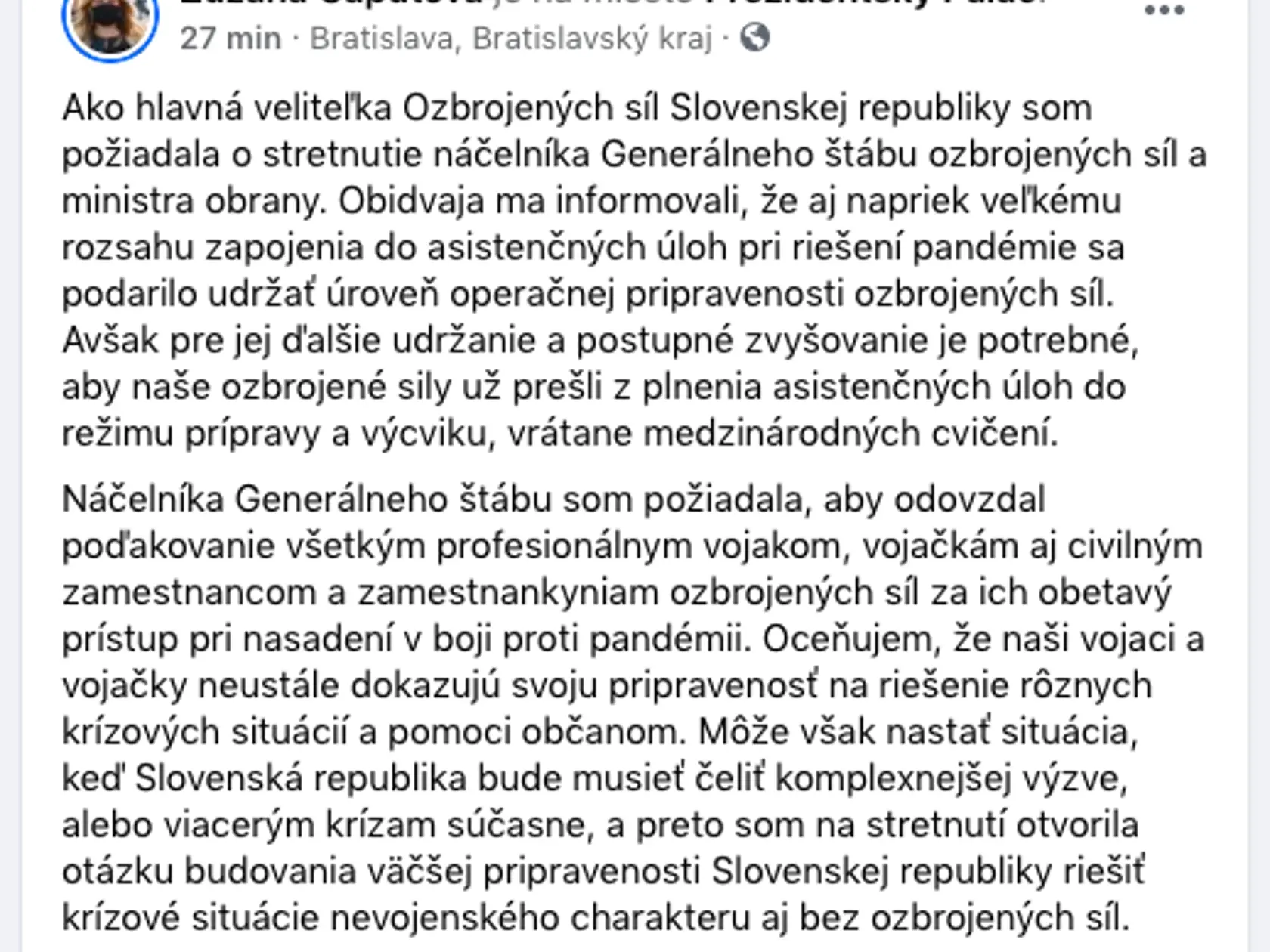 Zuzana Čaputová o stretnutí s ministrom obrany a náčelníkom Generálneho štábu.