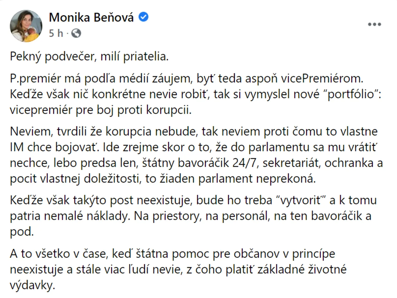 Rozhorčený status Moniky Beňovej.
