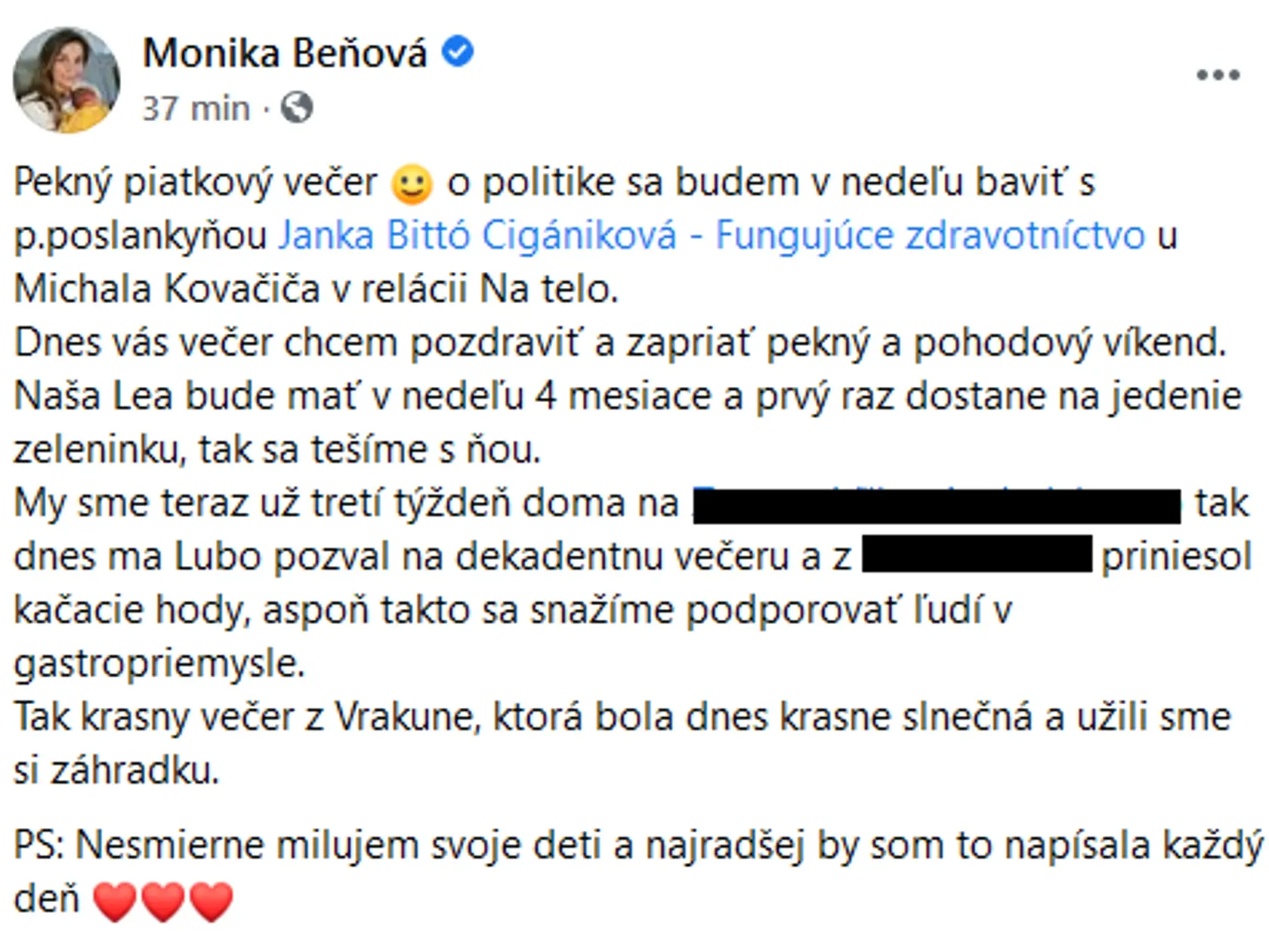Facebookový status Moniky Beňovej.