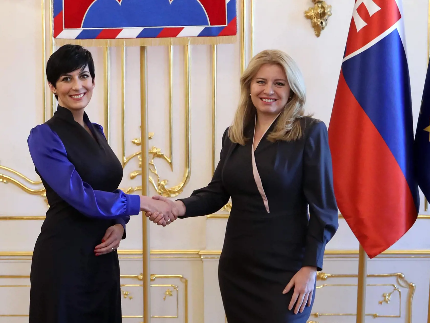 Stretnutie prezidentky s predsedníčkou Poslaneckej snemovne Markétou Pekarovou Adamovou:: V tomto prípade ide o fototermín pre médiá, čiže podanie rúk nie je úplne štandardné, nakoľko dámy stoja vedľa seba a nie oproti sebe. Aj keď pri podaní rúk by sme sa mali dívať vzájomne do očí, protokol a mediálne povinnosti tento akt trochu deformujú. Politici sa pri fototermíne počas podávania rúk musia dívať namiesto na seba do objektívov fotoaparátov. Preto sa môže zdať, že takéto podanie rúk nie je úplne