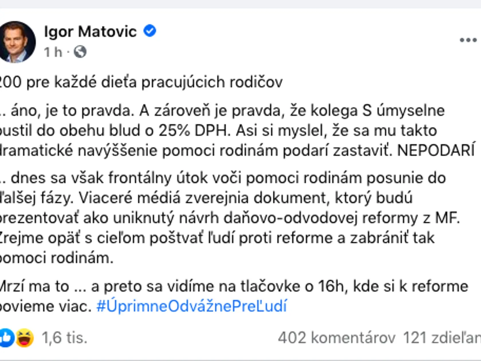 Igor Matovič označil zvýšenie DPH na 25 % za blud.