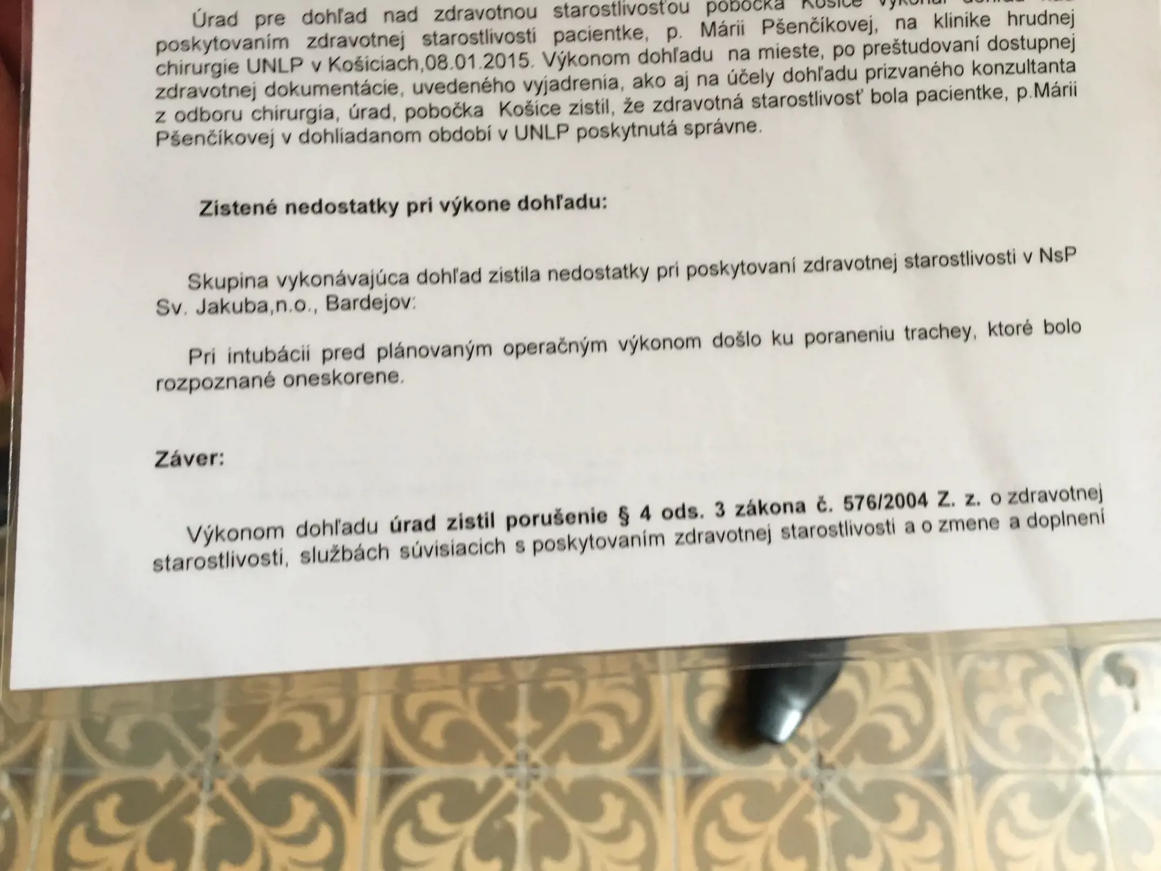 Záver posudku Úradu pre dohľad nad zdravotnou starostlivosťou. 