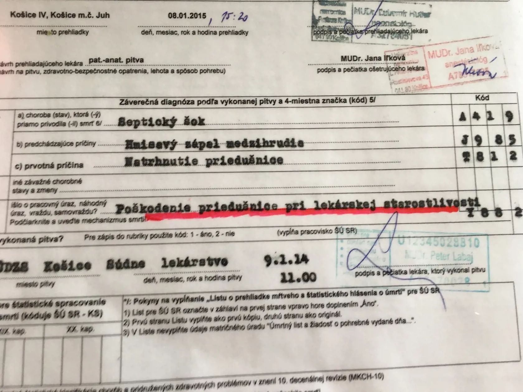 Výsledky pitvy. 