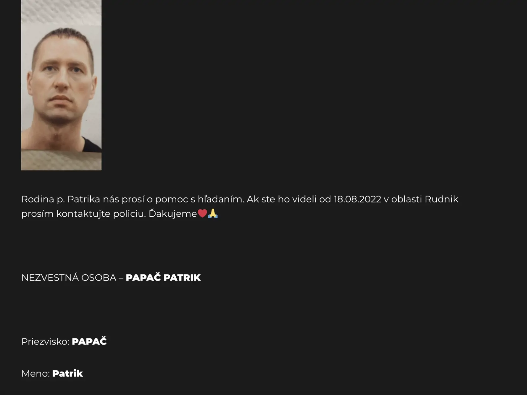 Výzva na pomoc pri hľadaní  nezvestného Patrika.