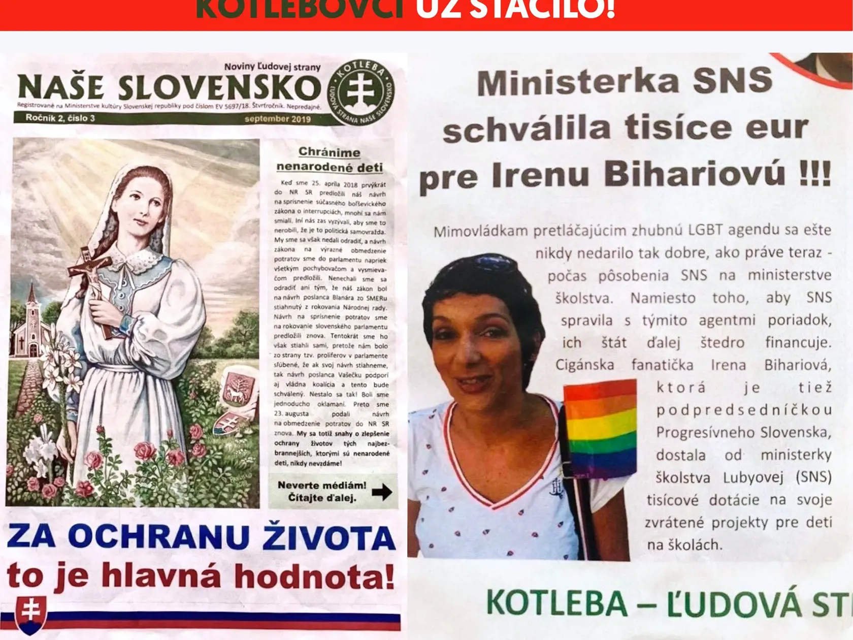 Takto vyzerali noviny, kvôli ktorým Irena Bihariová podala žalobu na ĽSNS.
