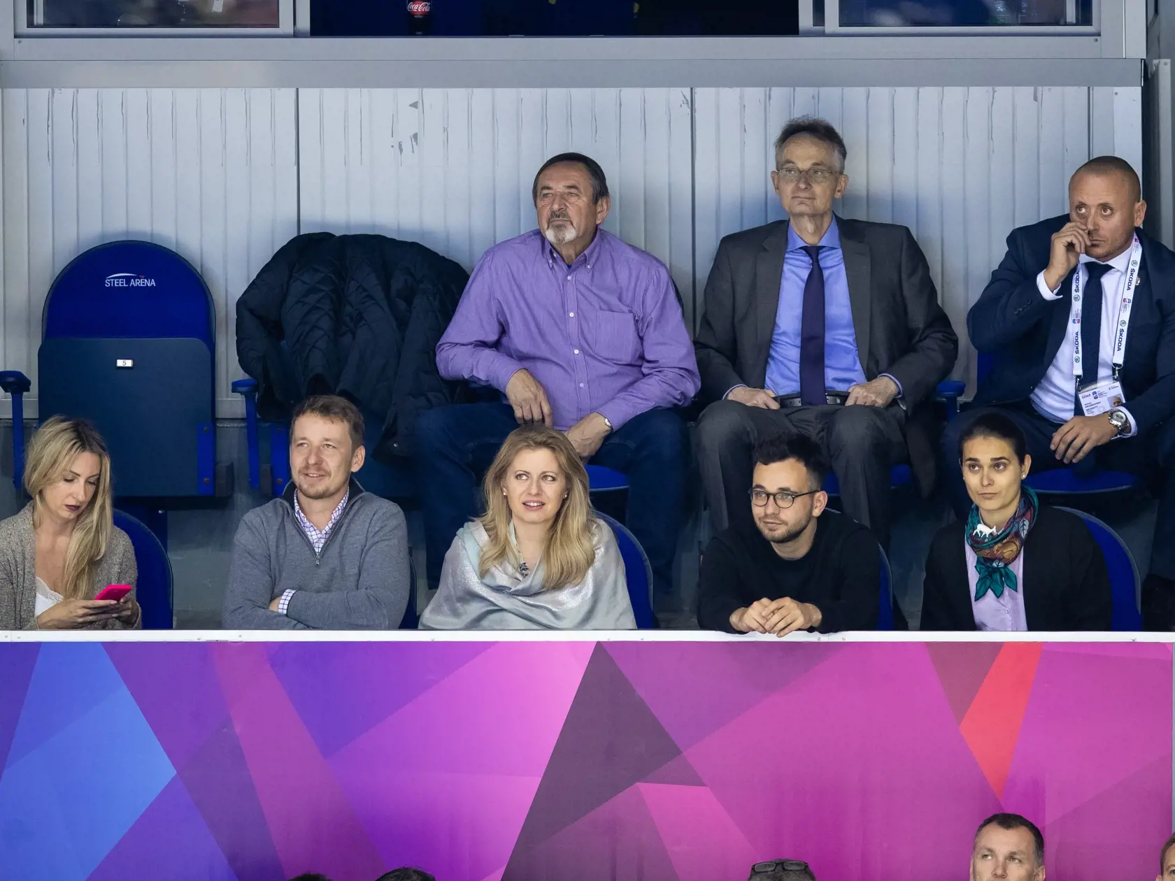 Na snímke prezidentka Zuzana Čaputová a Michal Repa (vľavo) v hľadisku počas zápasu A skupiny IIHF Majstrovstiev sveta v ľadovom hokeji 2019 medzi Slovenskom a Nemeckom.