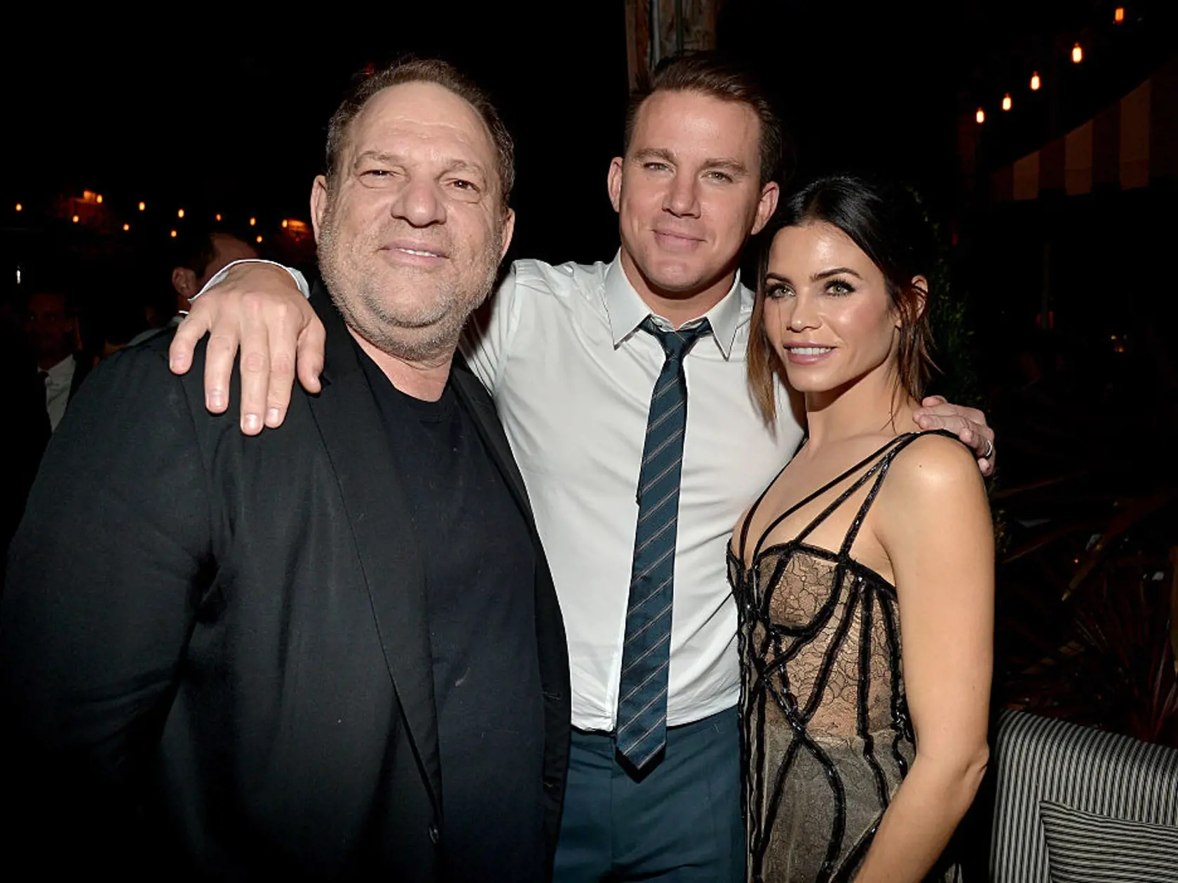 HOLLYWOOD, CA - DECEMBER 07:  (L-R) Producer Harvey Weinstein, actors Channing Tatum, and Jenna Dewan attend the world premiere of "The Hateful Eight" presented by The Weinstein Company at Le Jardin on December 7, 2015 in Hollywood, California.  (Photo by Charley Gallay/Getty Images for The Weinstein Co)