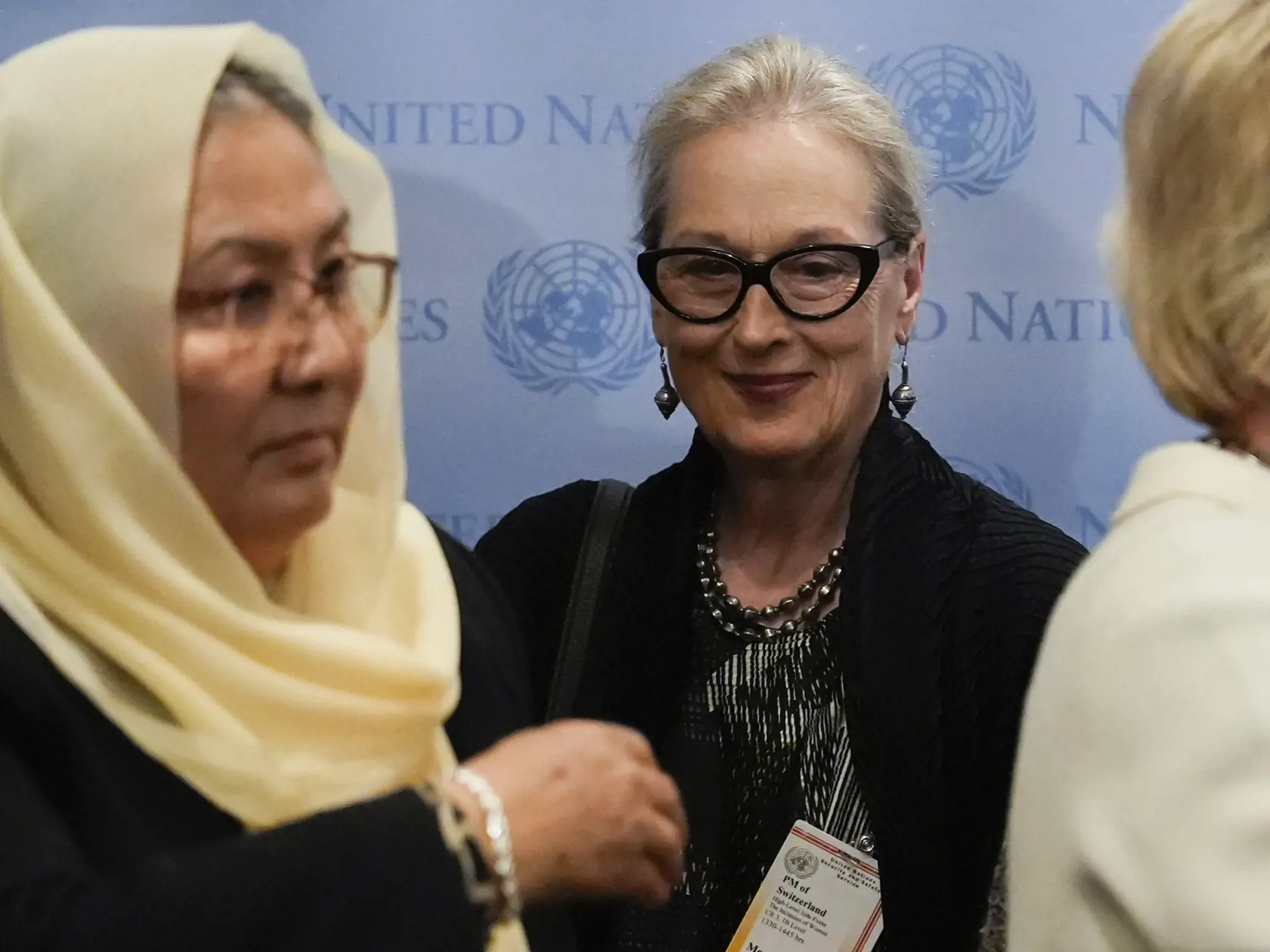 Americká herečka Meryl Streepová (uprostred) počas tlačovej konferencie po diskusii o začleňovaní žien v Afganistane, ktorá sa konala na okraj Valného zhromaždenia OSN v New Yorku v pondelok 23. septembra 2024. Streepová počas pondelkovej diskusie na okraj Valného zhromaždenia OSN v New Yorku uviedla, že dokonca aj "veverička má viac práv" než akékoľvek afganské dievča. Pripojila sa zároveň k výzve afganských žien, aby vláda Talibanu ukončila prísne obmedzovanie ich života.